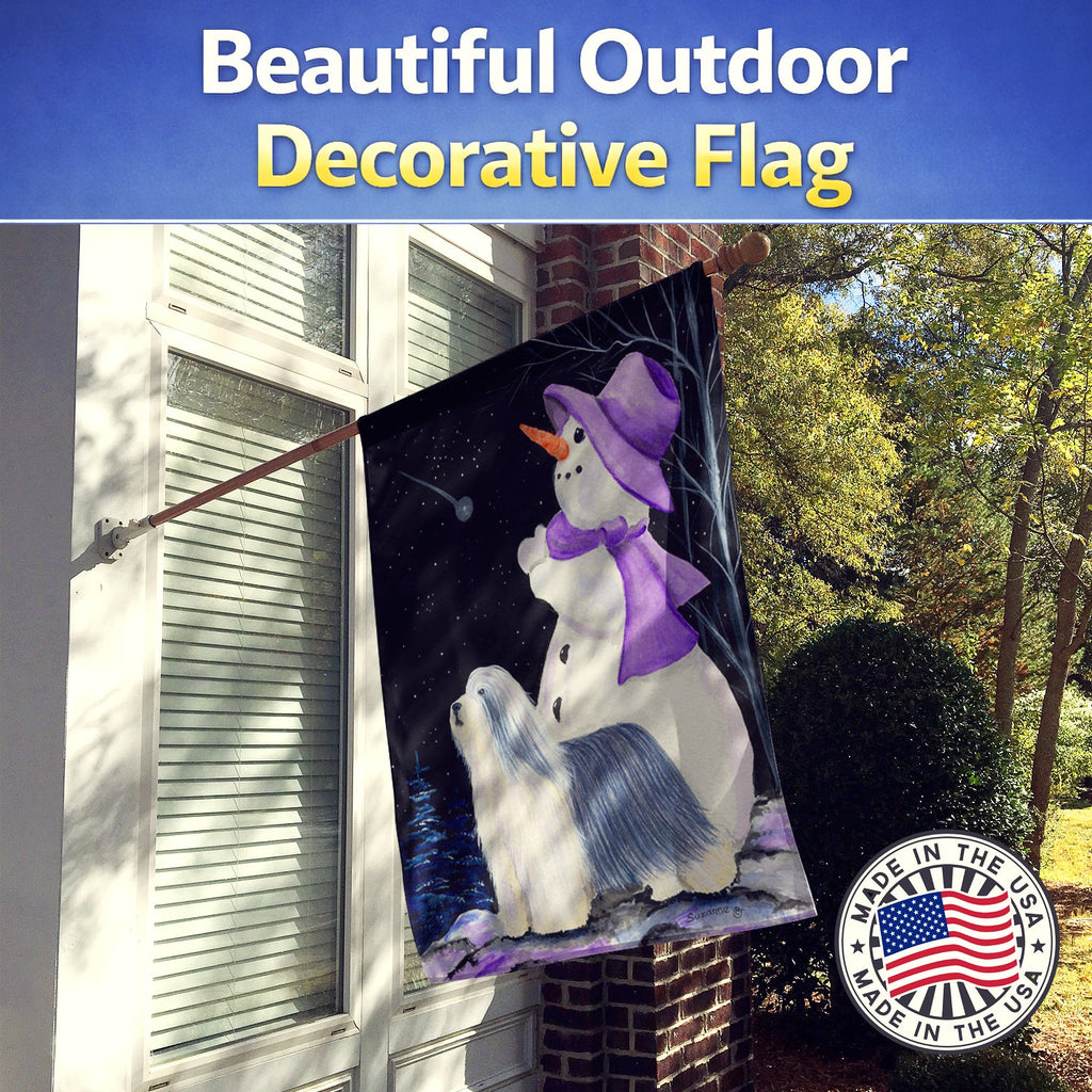 Snowman with Bearded Collie House Flag 28x40 Porch Sleeve Pole Decorative Outside Yard Banner Artwork Wall Hanging, Polyester