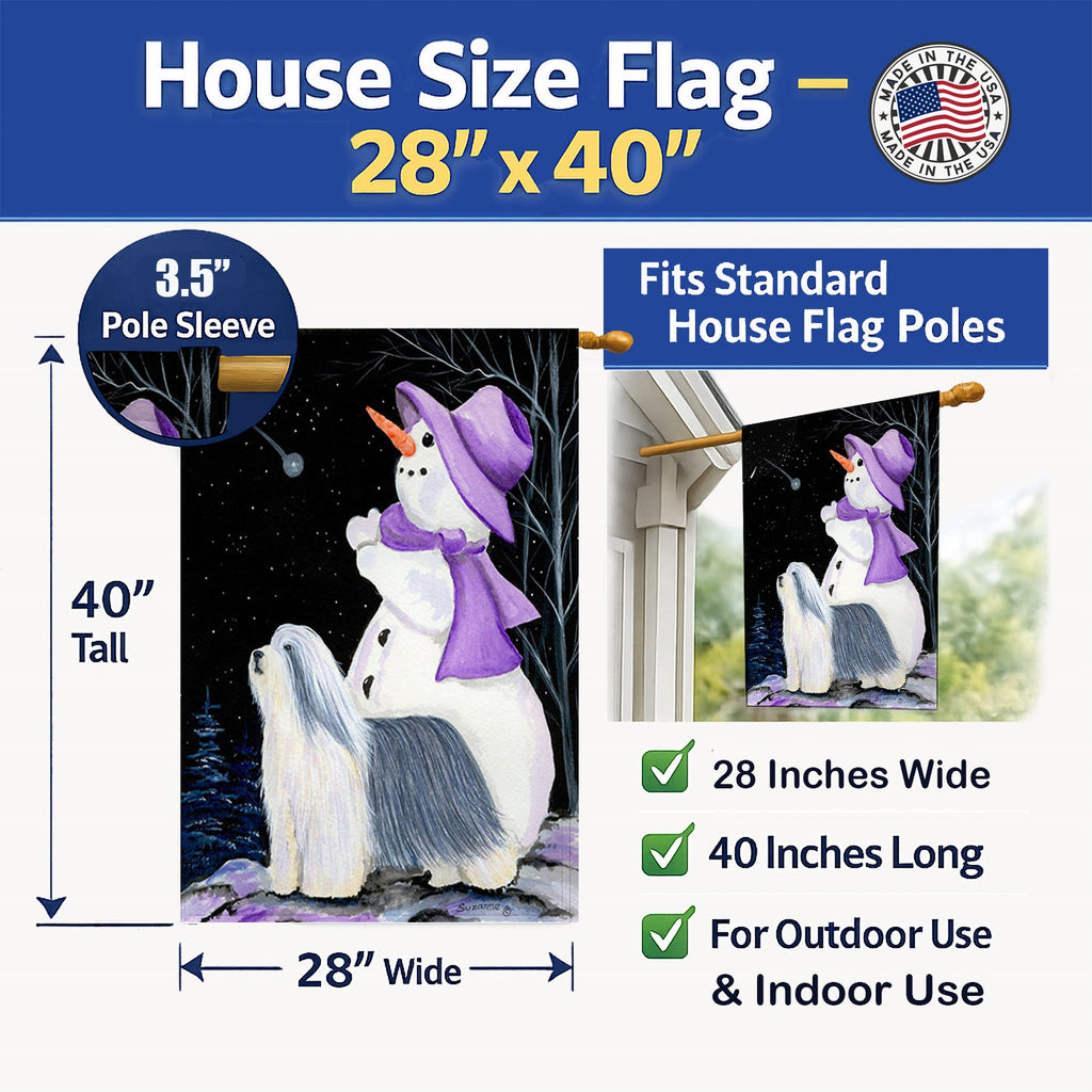 Snowman with Bearded Collie House Flag 28x40 Porch Sleeve Pole Decorative Outside Yard Banner Artwork Wall Hanging, Polyester
