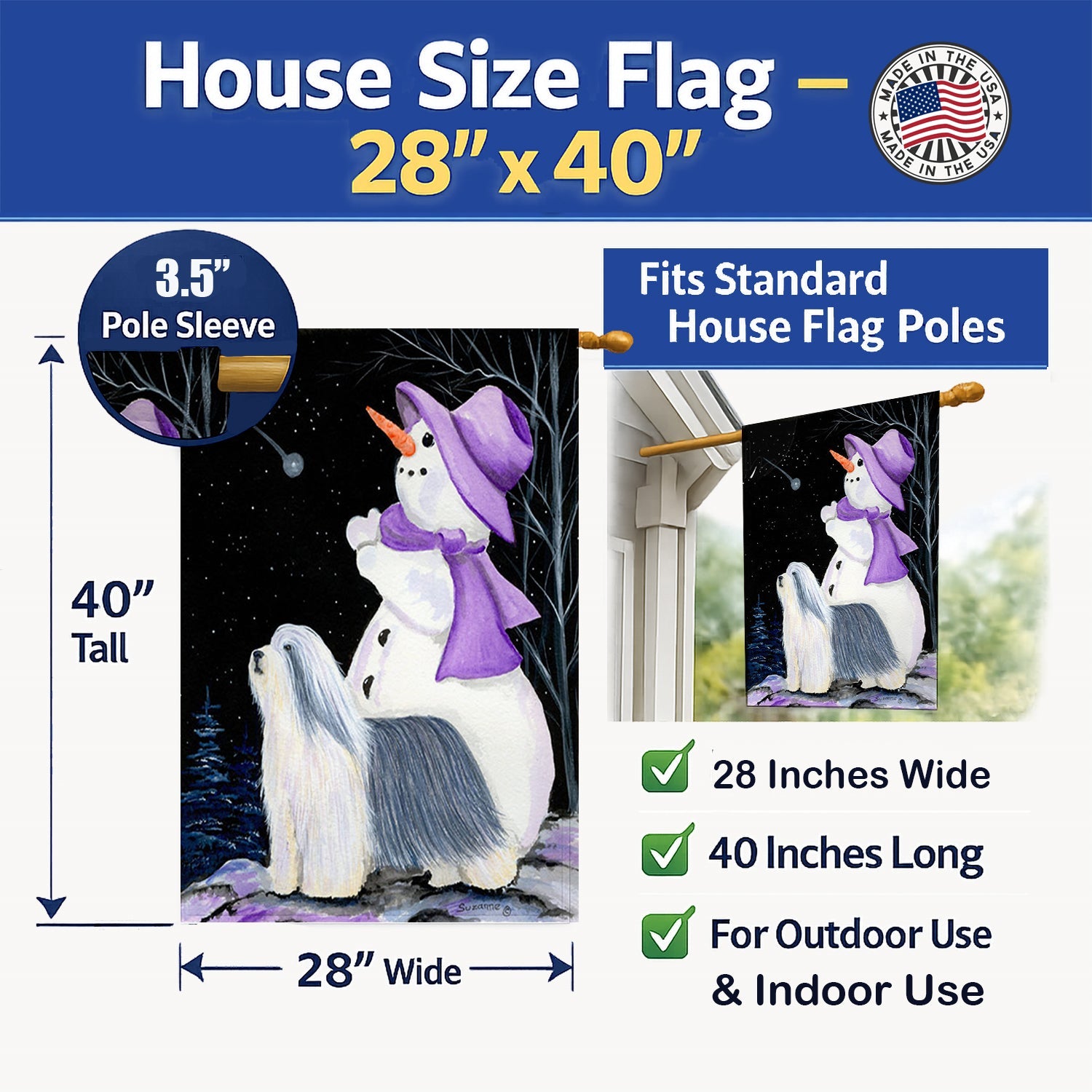 Snowman with Bearded Collie House Flag 28x40 Porch Sleeve Pole Decorative Outside Yard Banner Artwork Wall Hanging, Polyester