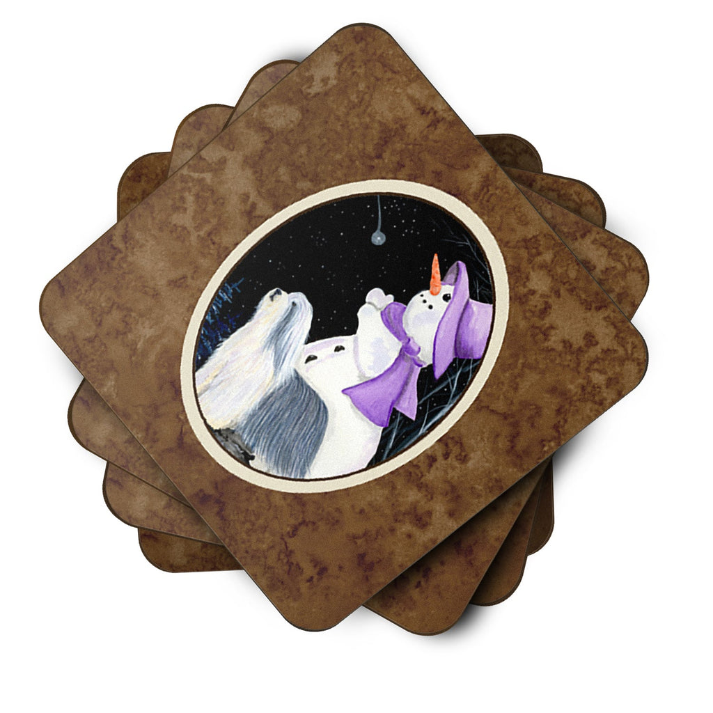 Snowman with Bearded Collie Foam Coasters Set of 4 Cup Coasters for Indoor Outdoor, Tabletop Protection, Anti Slip, Mouse pad Material