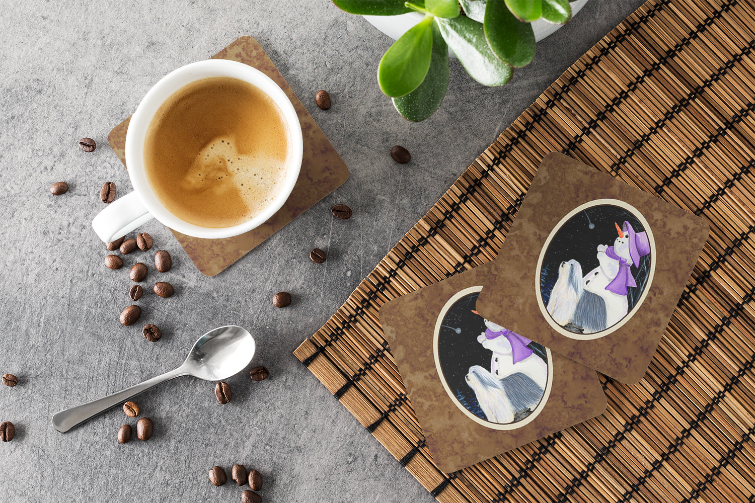 Snowman with Bearded Collie Foam Coasters Set of 4 Cup Coasters for Indoor Outdoor, Tabletop Protection, Anti Slip, Mouse pad Material