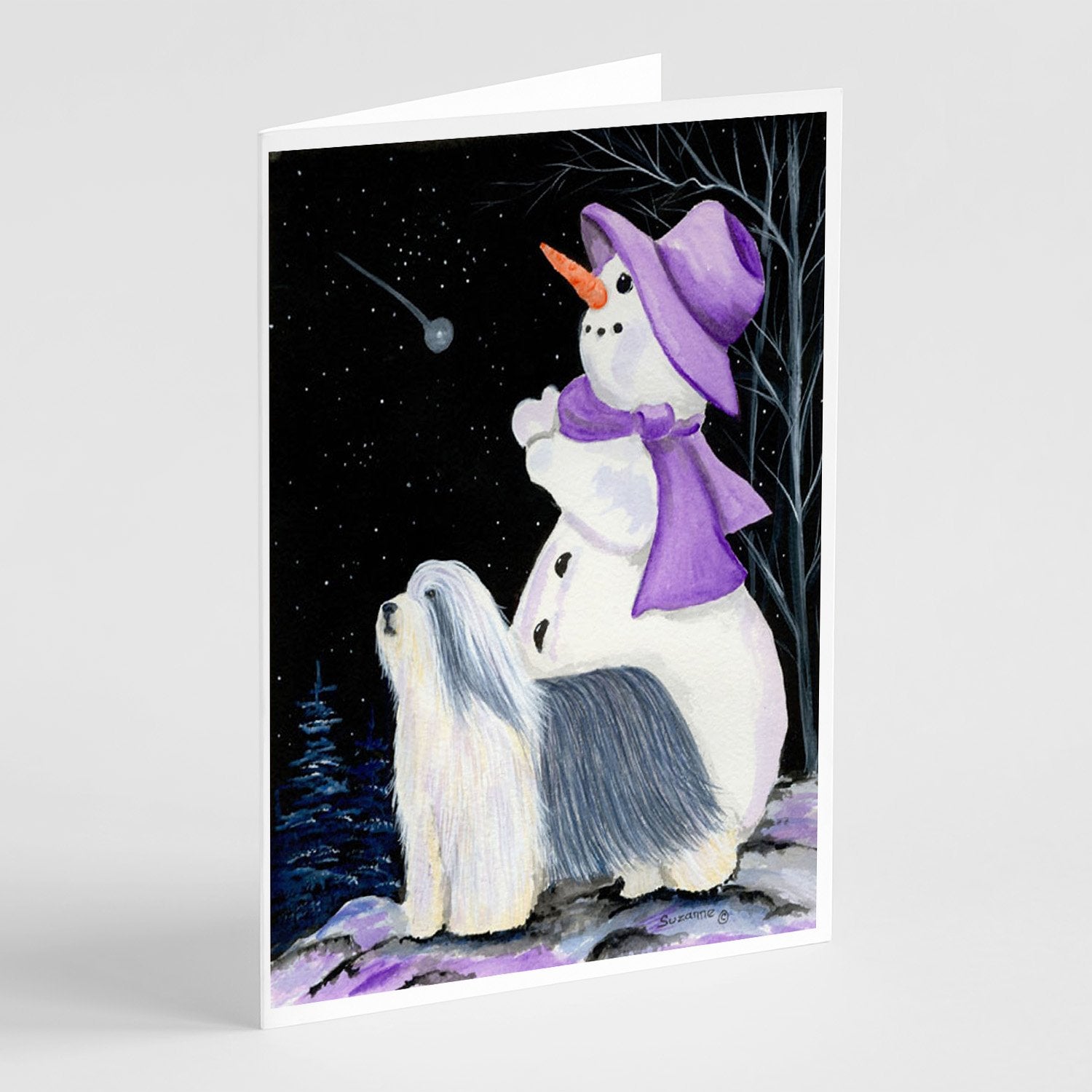 Snowman with Bearded Collie Greeting Cards Pack of 8 Blank Cards with Envelopes Whimsical A7 Size 5x7