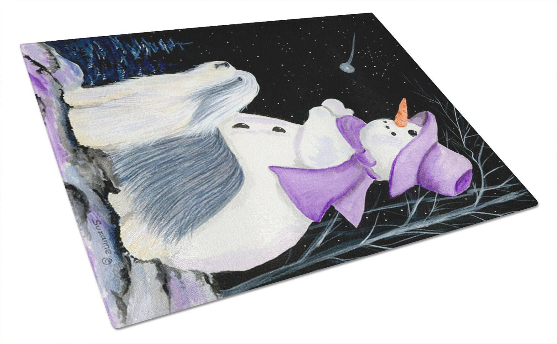 Snowman with Bearded Collie Cutting Board Tempered Glass Kitchen Cutting Surface, Heat Resistant Chopping, Non-Slip Feet, Food Prep & Serving