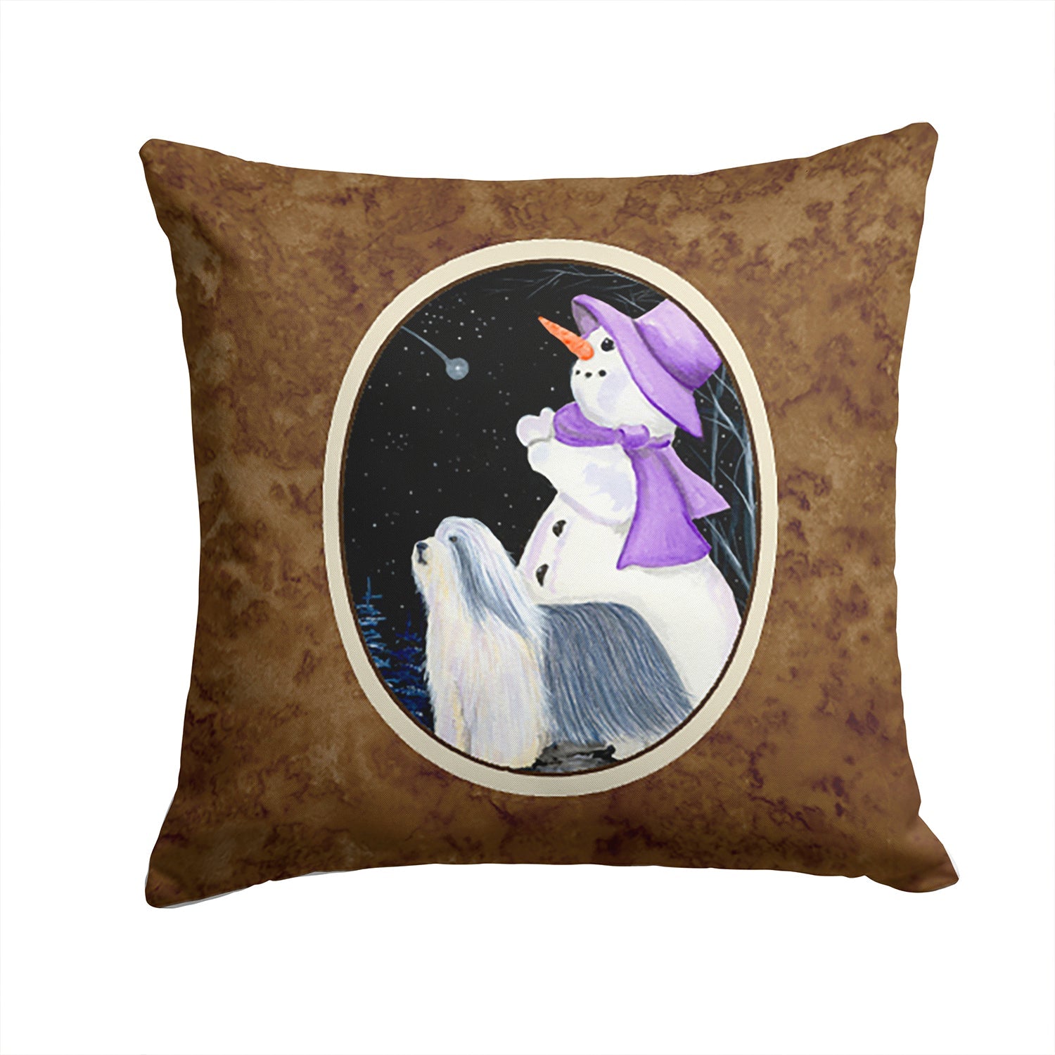 Snowman with Bearded Collie Decorative Throw Pillow 14x14 Indoor Outdoor Accent Cushion, Fabric Cover with Insert for Sofa, Bed, Porch & Living Room
