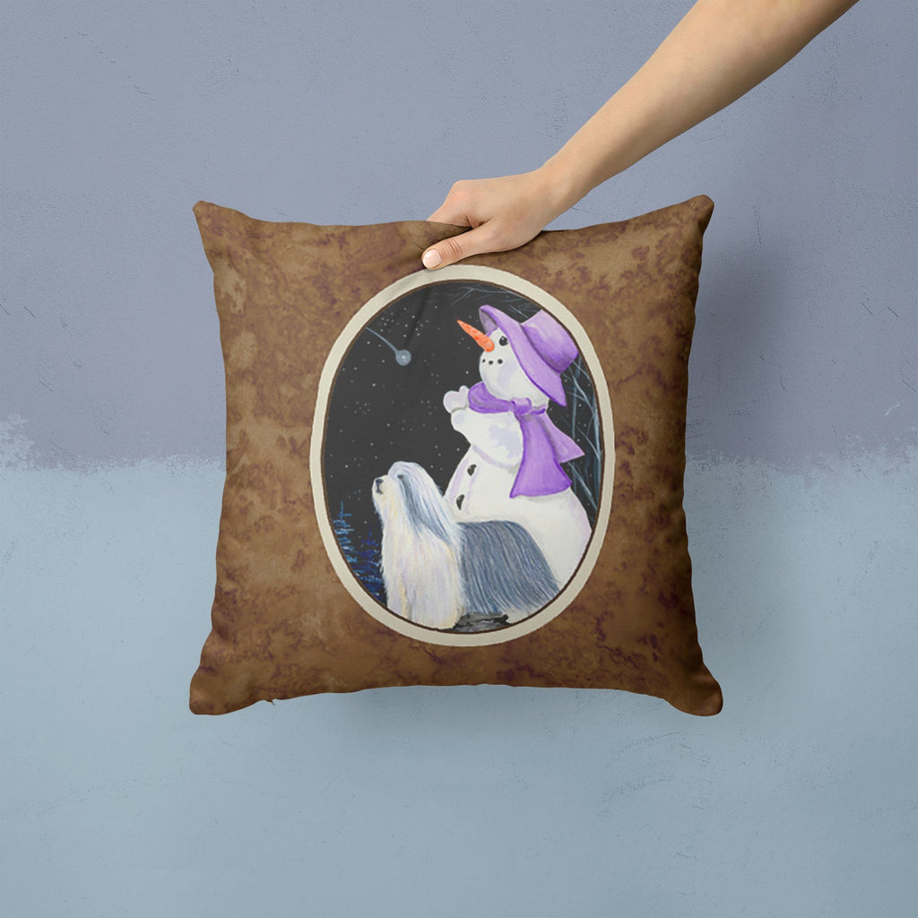 Snowman with Bearded Collie Decorative Throw Pillow 14x14 Indoor Outdoor Accent Cushion, Fabric Cover with Insert for Sofa, Bed, Porch & Living Room