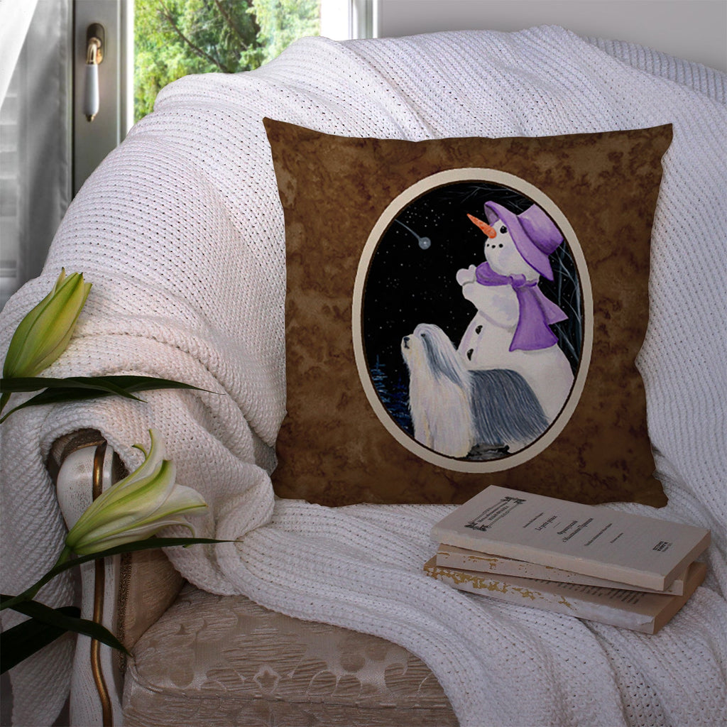 Snowman with Bearded Collie Decorative Throw Pillow 14x14 Indoor Outdoor Accent Cushion, Fabric Cover with Insert for Sofa, Bed, Porch & Living Room