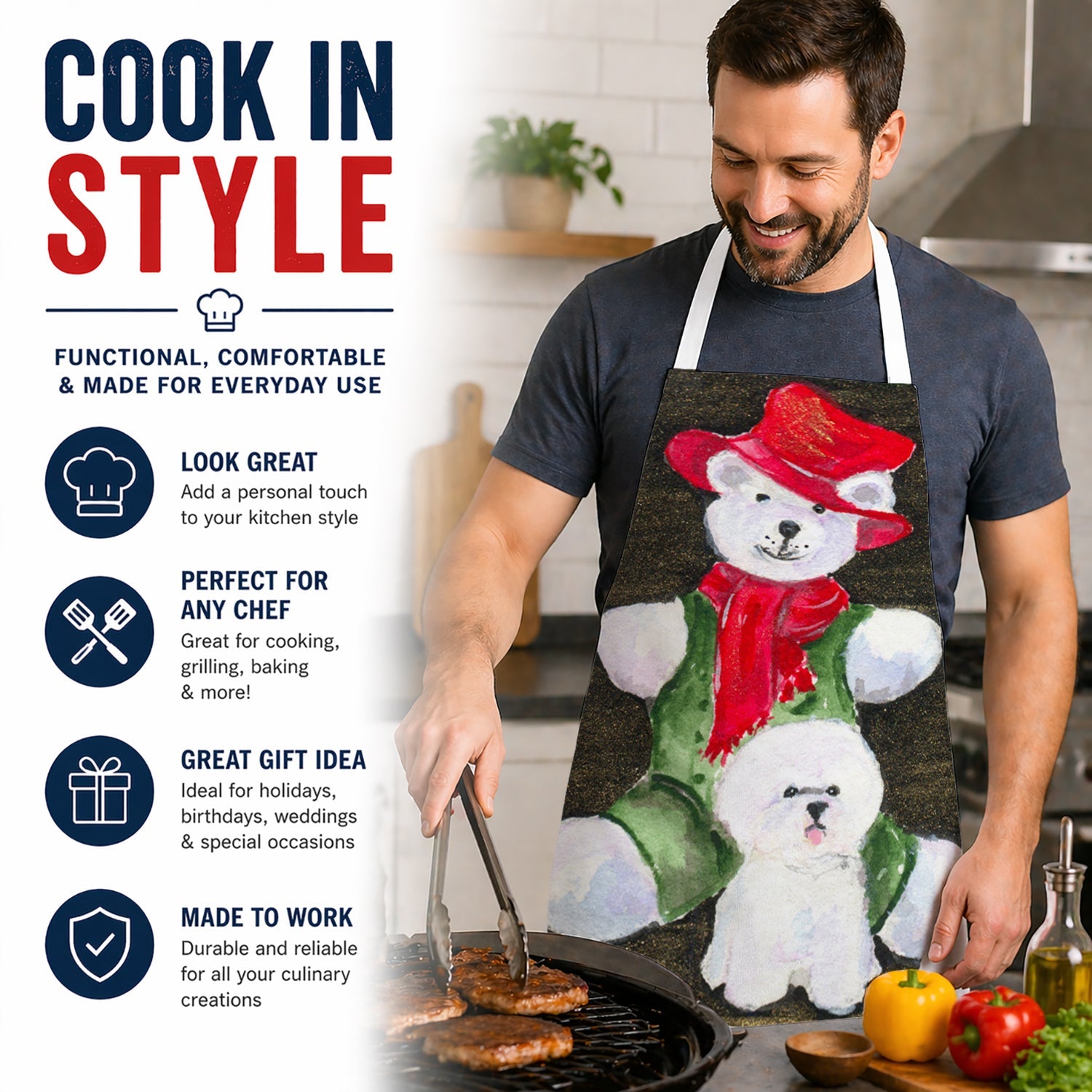 Bichon Frise with Teddy Bear Apron Cooking Kitchen Server Baking Crafts Gardening for Adult Women Men, Unisex, Large, Multicolor