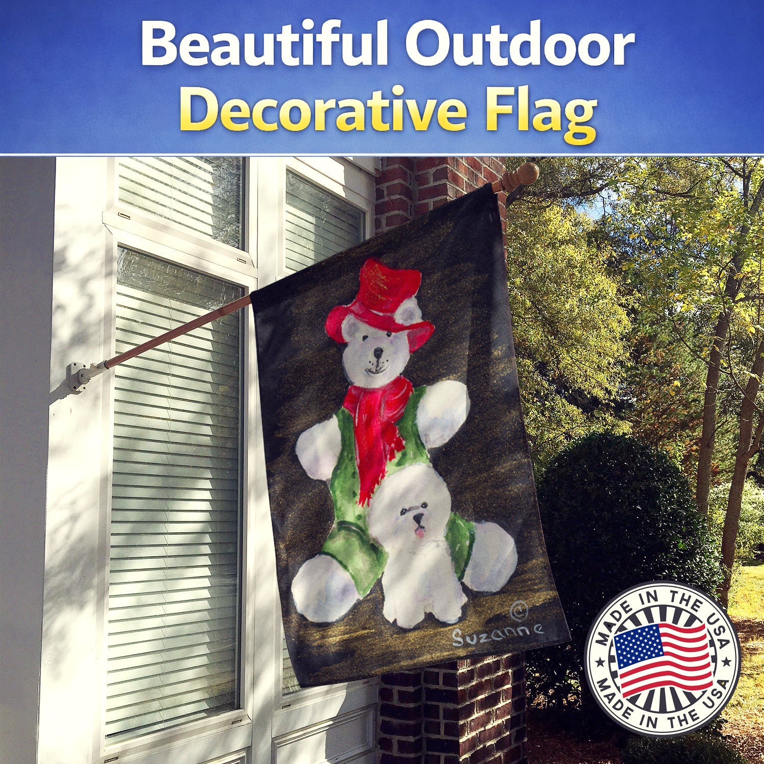 Bichon Frise with Teddy Bear House Flag 28x40 Porch Sleeve Pole Decorative Outside Yard Banner Artwork Wall Hanging, Polyester
