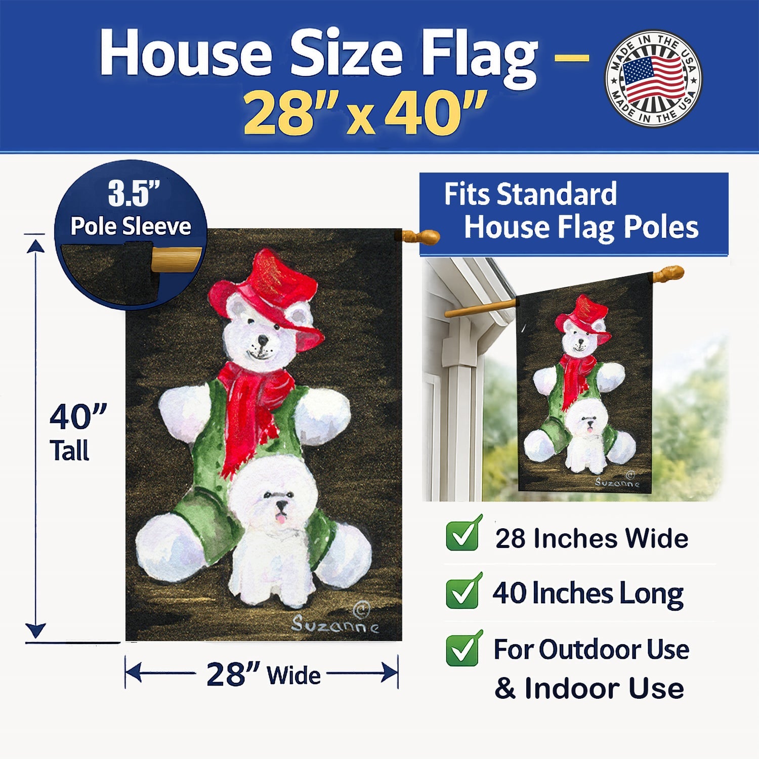 Bichon Frise with Teddy Bear House Flag 28x40 Porch Sleeve Pole Decorative Outside Yard Banner Artwork Wall Hanging, Polyester