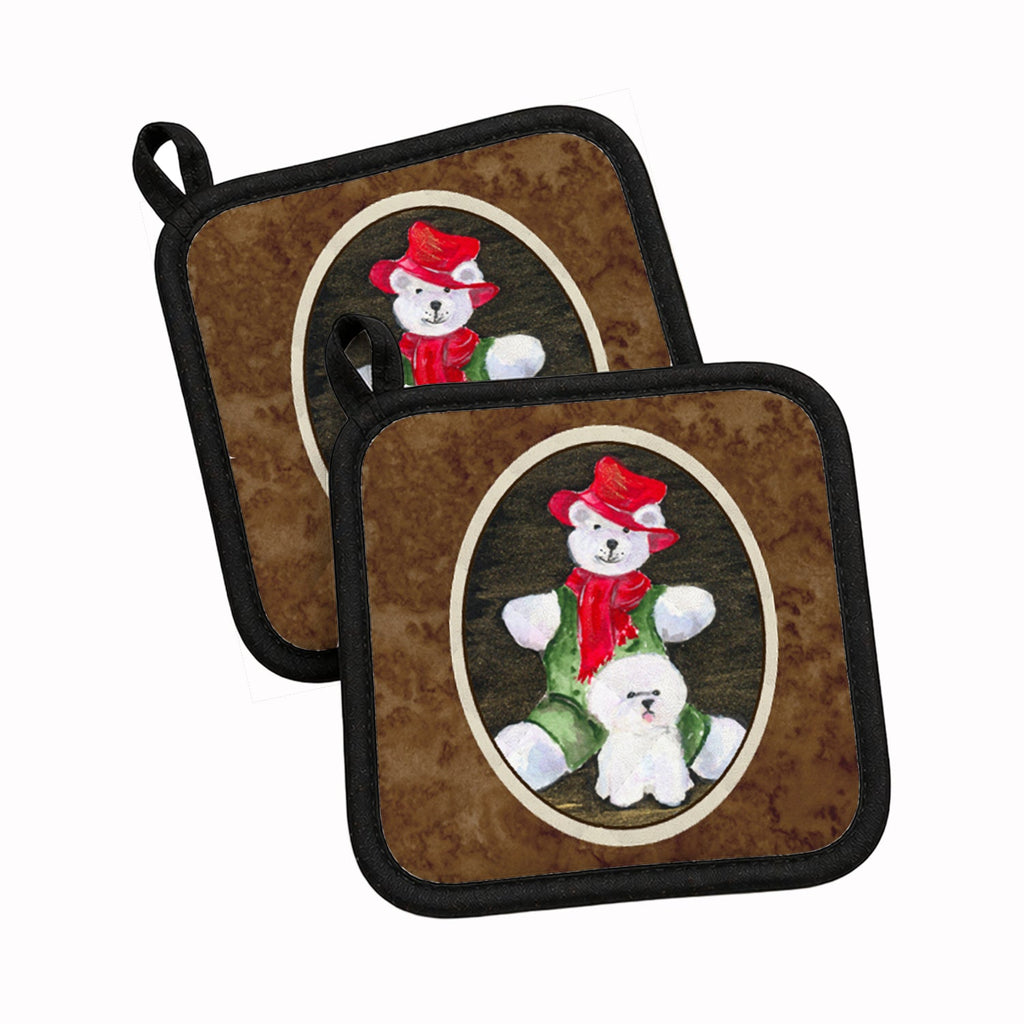 Bichon Frise with Teddy Bear Pot Holder Set of 2 Heat Resistant Quilted Hot Pads 7.5 x 7.5 Inch, Insulated Kitchen Trivets for Cooking & Baking