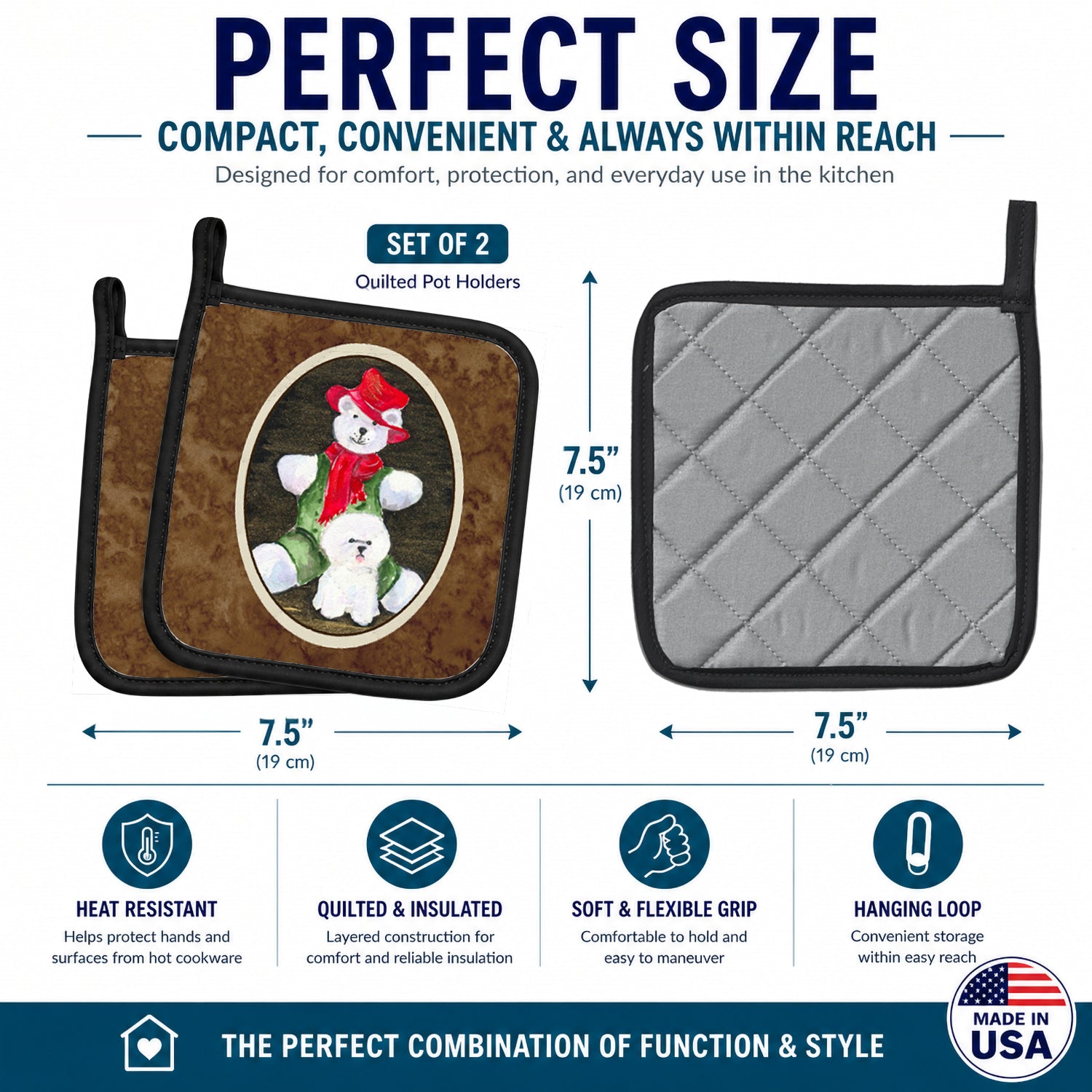 Bichon Frise with Teddy Bear Pot Holder Set of 2 Heat Resistant Quilted Hot Pads 7.5 x 7.5 Inch, Insulated Kitchen Trivets for Cooking & Baking