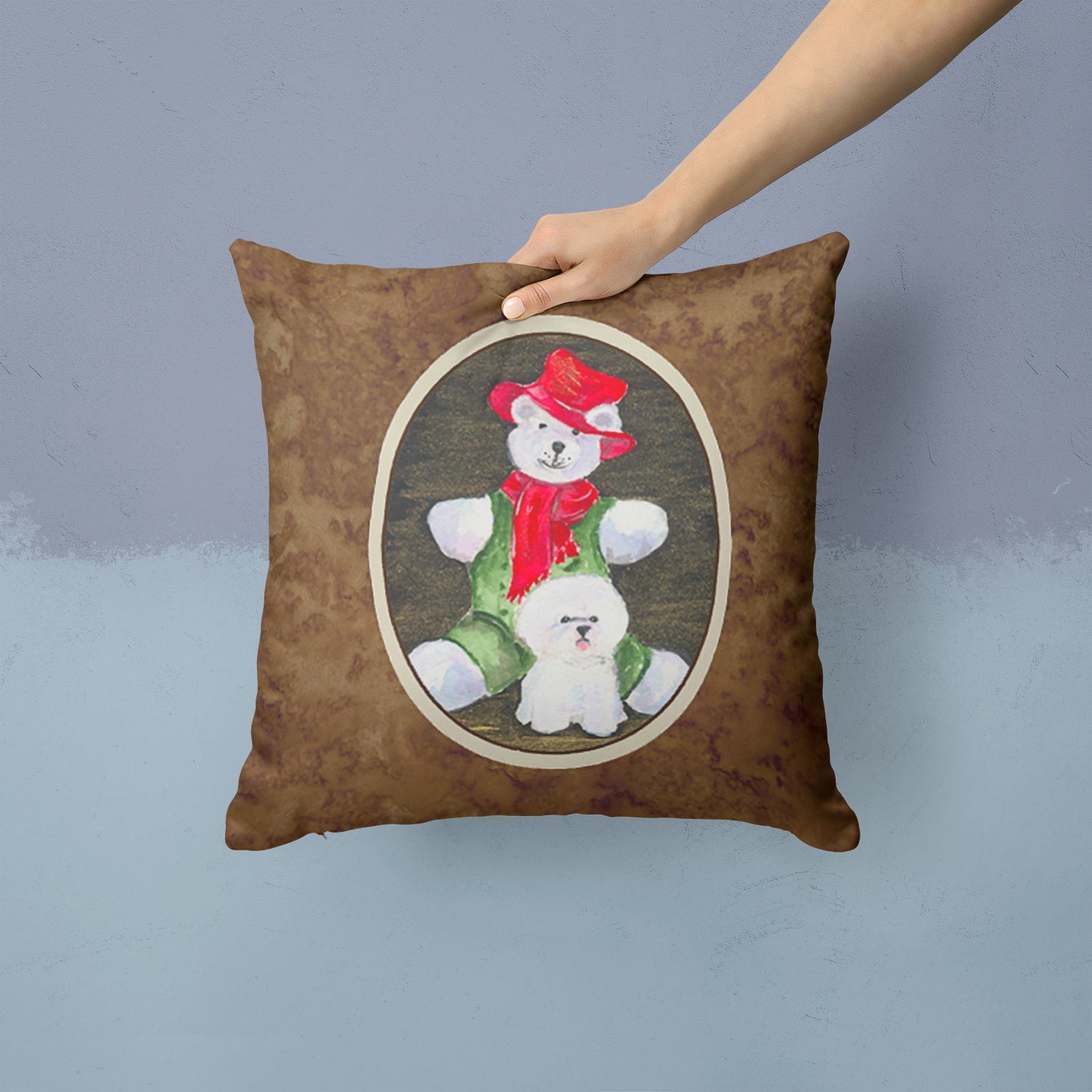 Bichon Frise with Teddy Bear Decorative Throw Pillow 14x14 Indoor Outdoor Accent Cushion, Fabric Cover with Insert for Sofa, Bed, Porch & Living Room