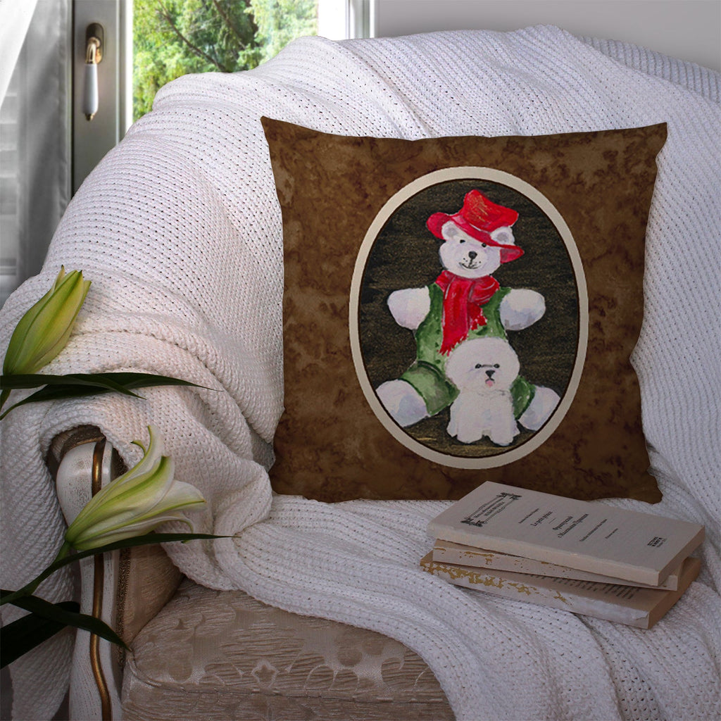 Bichon Frise with Teddy Bear Decorative Throw Pillow 14x14 Indoor Outdoor Accent Cushion, Fabric Cover with Insert for Sofa, Bed, Porch & Living Room