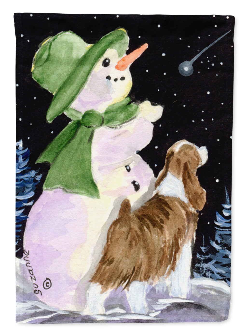Snowman with English Springer Spaniel House Flag 28x40 Porch Sleeve Pole Decorative Outside Yard Banner Artwork Wall Hanging, Polyester