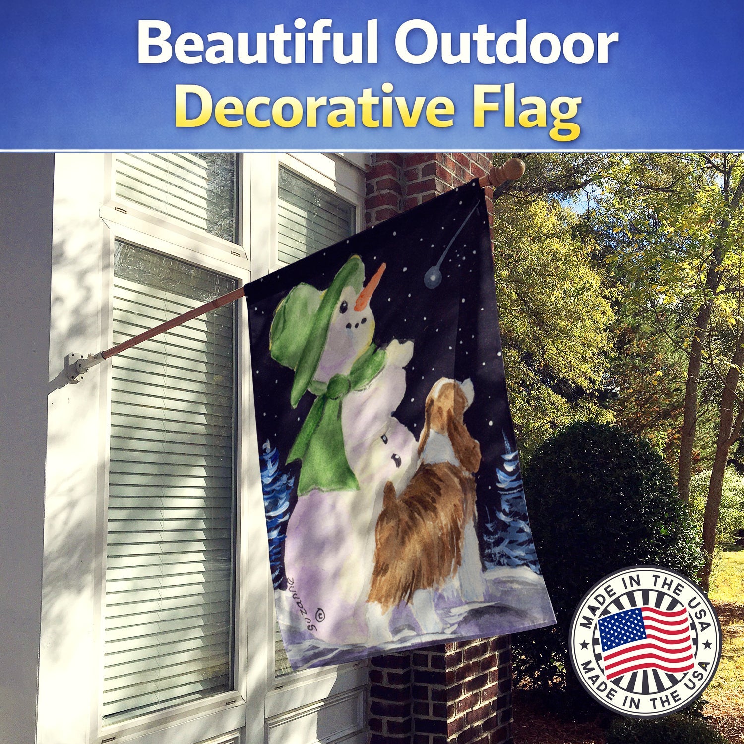 Snowman with English Springer Spaniel House Flag 28x40 Porch Sleeve Pole Decorative Outside Yard Banner Artwork Wall Hanging, Polyester
