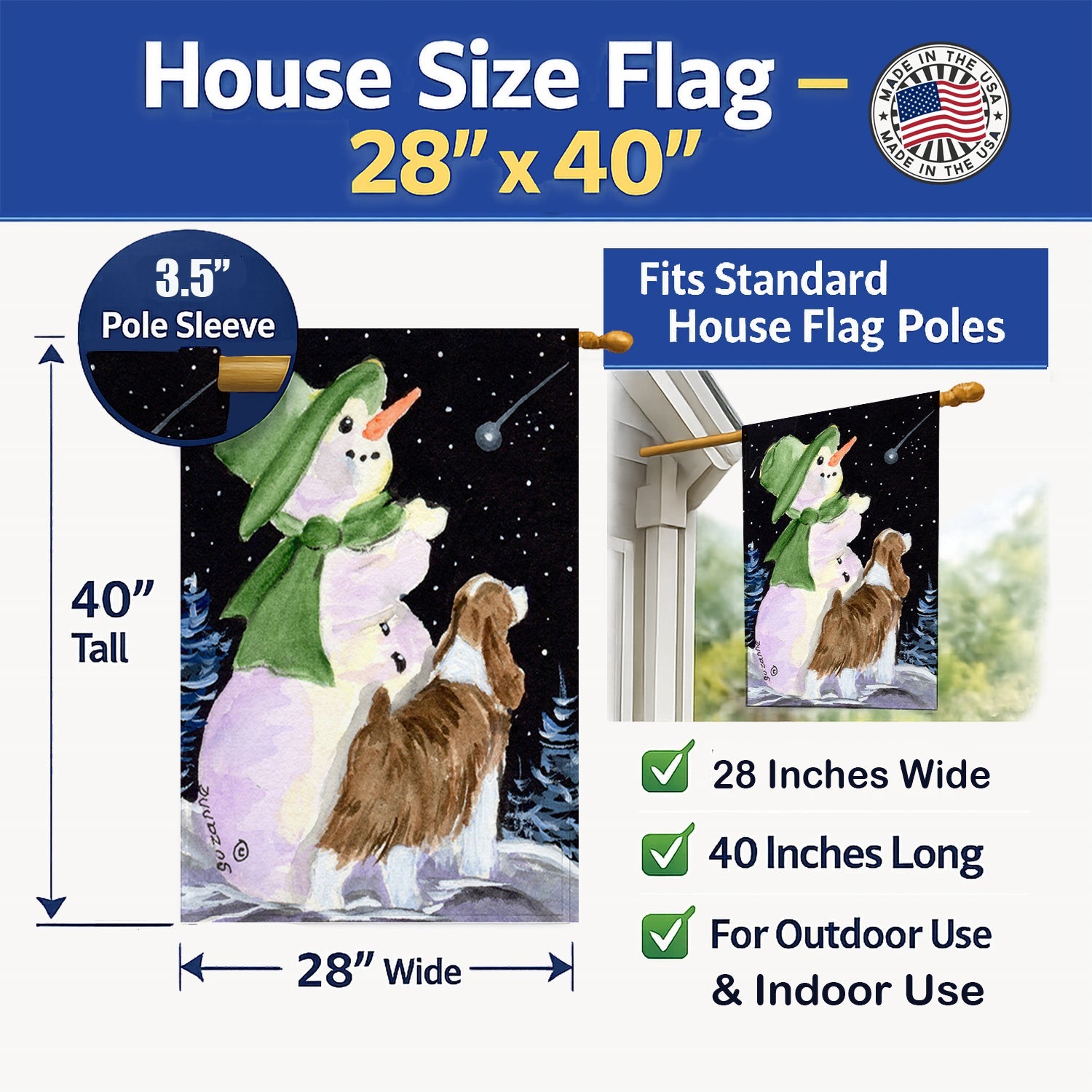Snowman with English Springer Spaniel House Flag 28x40 Porch Sleeve Pole Decorative Outside Yard Banner Artwork Wall Hanging, Polyester