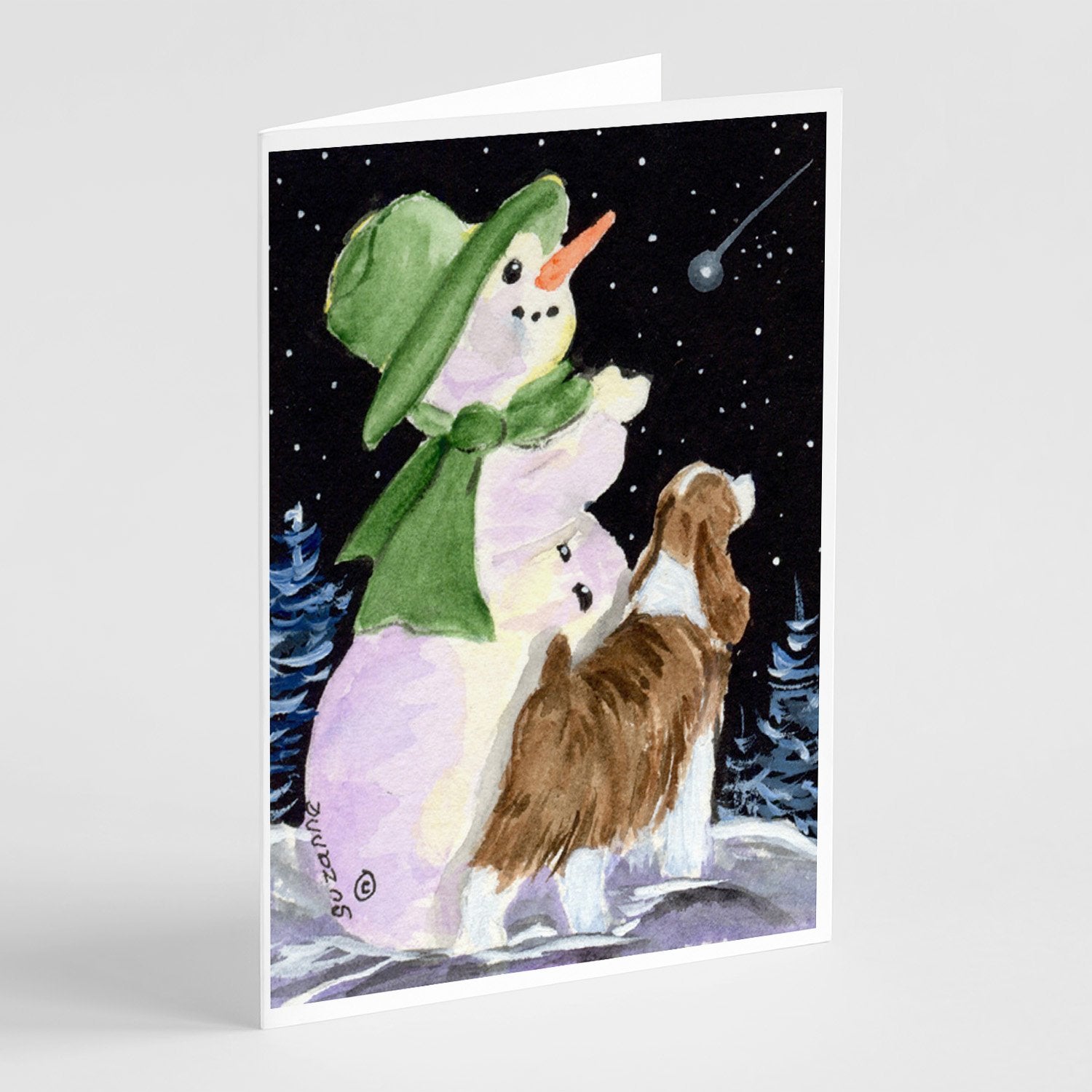 Snowman with English Springer Spaniel Greeting Cards Pack of 8 Blank Cards with Envelopes Whimsical A7 Size 5x7