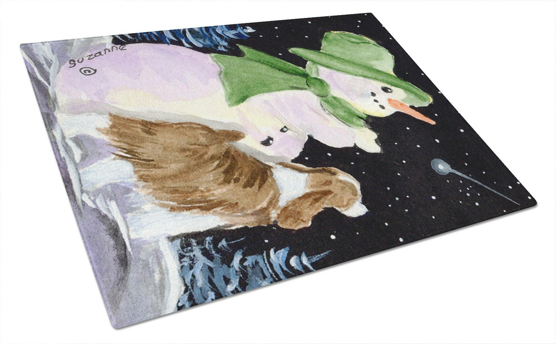 Snowman with English Springer Spaniel Cutting Board Tempered Glass Kitchen Cutting Surface, Heat Resistant Chopping, Non-Slip Feet, Food Prep & Serving