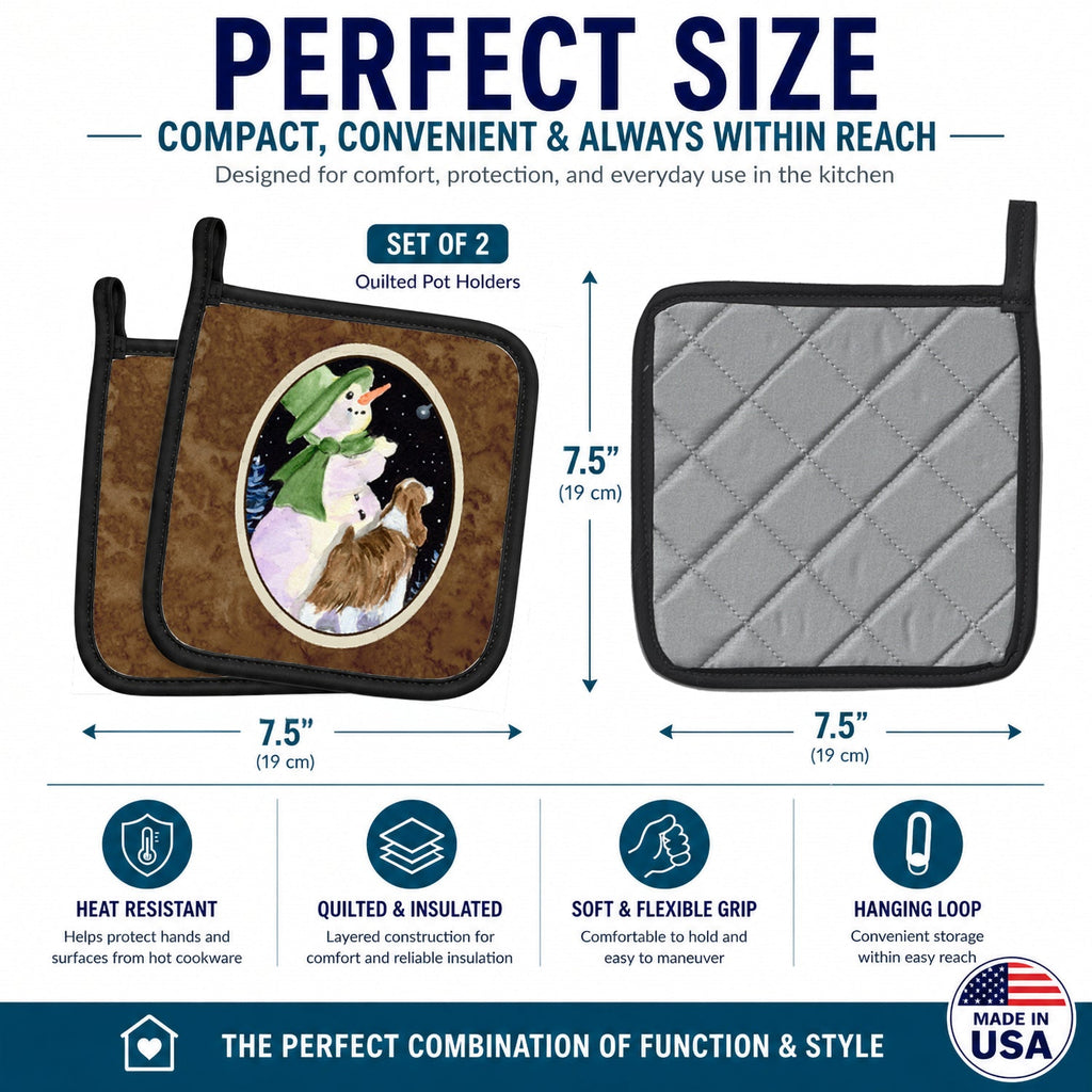 Snowman with English Springer Spaniel Pot Holder Set of 2 Heat Resistant Quilted Hot Pads 7.5 x 7.5 Inch, Insulated Kitchen Trivets for Cooking & Baking