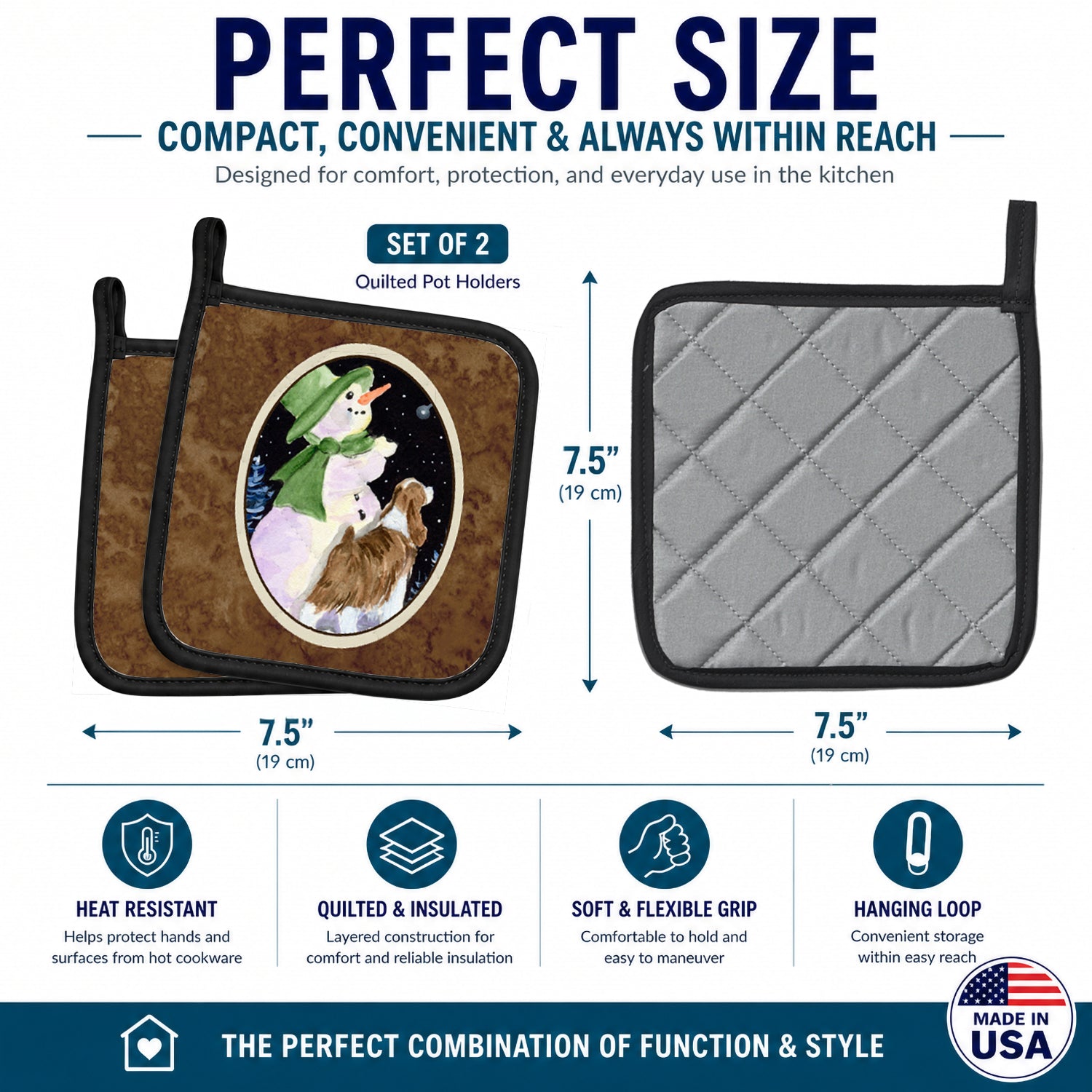 Snowman with English Springer Spaniel Pot Holder Set of 2 Heat Resistant Quilted Hot Pads 7.5 x 7.5 Inch, Insulated Kitchen Trivets for Cooking & Baking