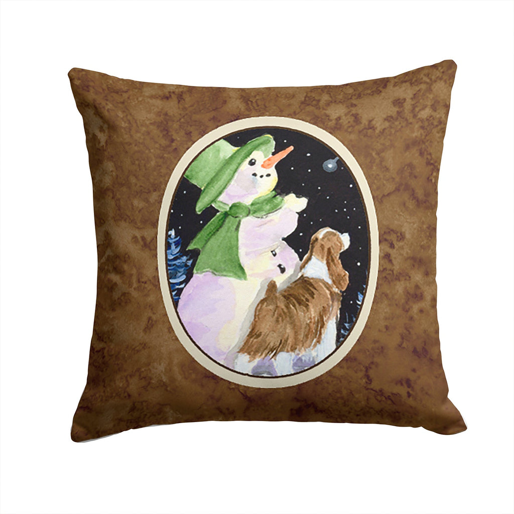 Snowman with English Springer Spaniel Decorative Throw Pillow 14x14 Indoor Outdoor Accent Cushion, Fabric Cover with Insert for Sofa, Bed, Porch & Living Room
