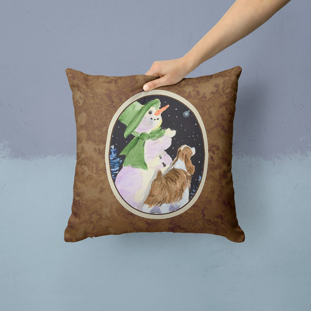 Snowman with English Springer Spaniel Decorative Throw Pillow 14x14 Indoor Outdoor Accent Cushion, Fabric Cover with Insert for Sofa, Bed, Porch & Living Room