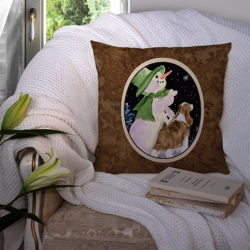 Snowman with English Springer Spaniel Decorative Throw Pillow 14x14 Indoor Outdoor Accent Cushion, Fabric Cover with Insert for Sofa, Bed, Porch & Living Room
