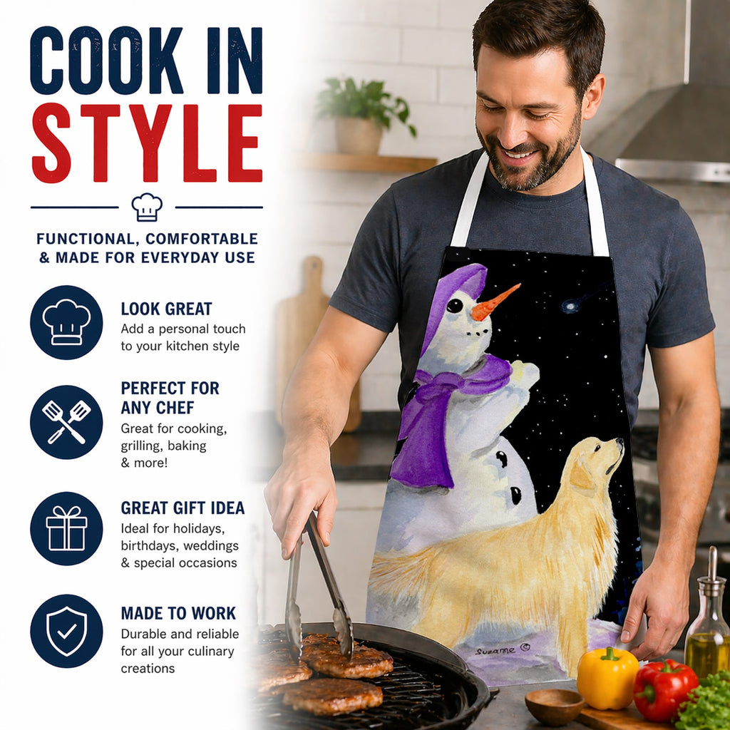 Snowman with Golden Retriever Apron Cooking Kitchen Server Baking Crafts Gardening for Adult Women Men, Unisex, Large, Multicolor