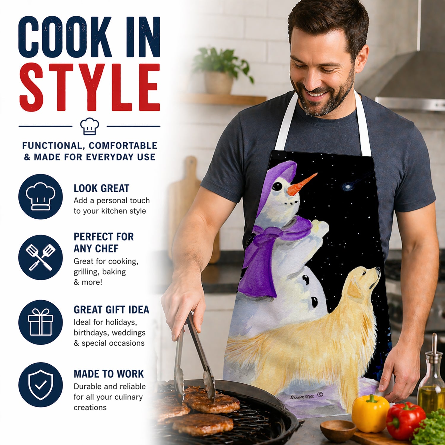 Snowman with Golden Retriever Apron Cooking Kitchen Server Baking Crafts Gardening for Adult Women Men, Unisex, Large, Multicolor