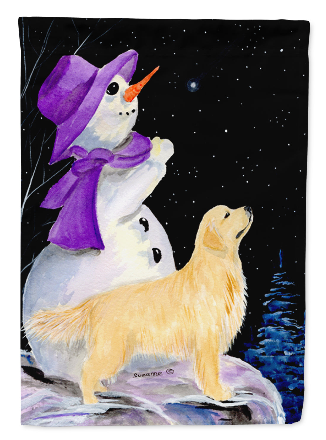 Snowman with Golden Retriever House Flag 28x40 Porch Sleeve Pole Decorative Outside Yard Banner Artwork Wall Hanging, Polyester