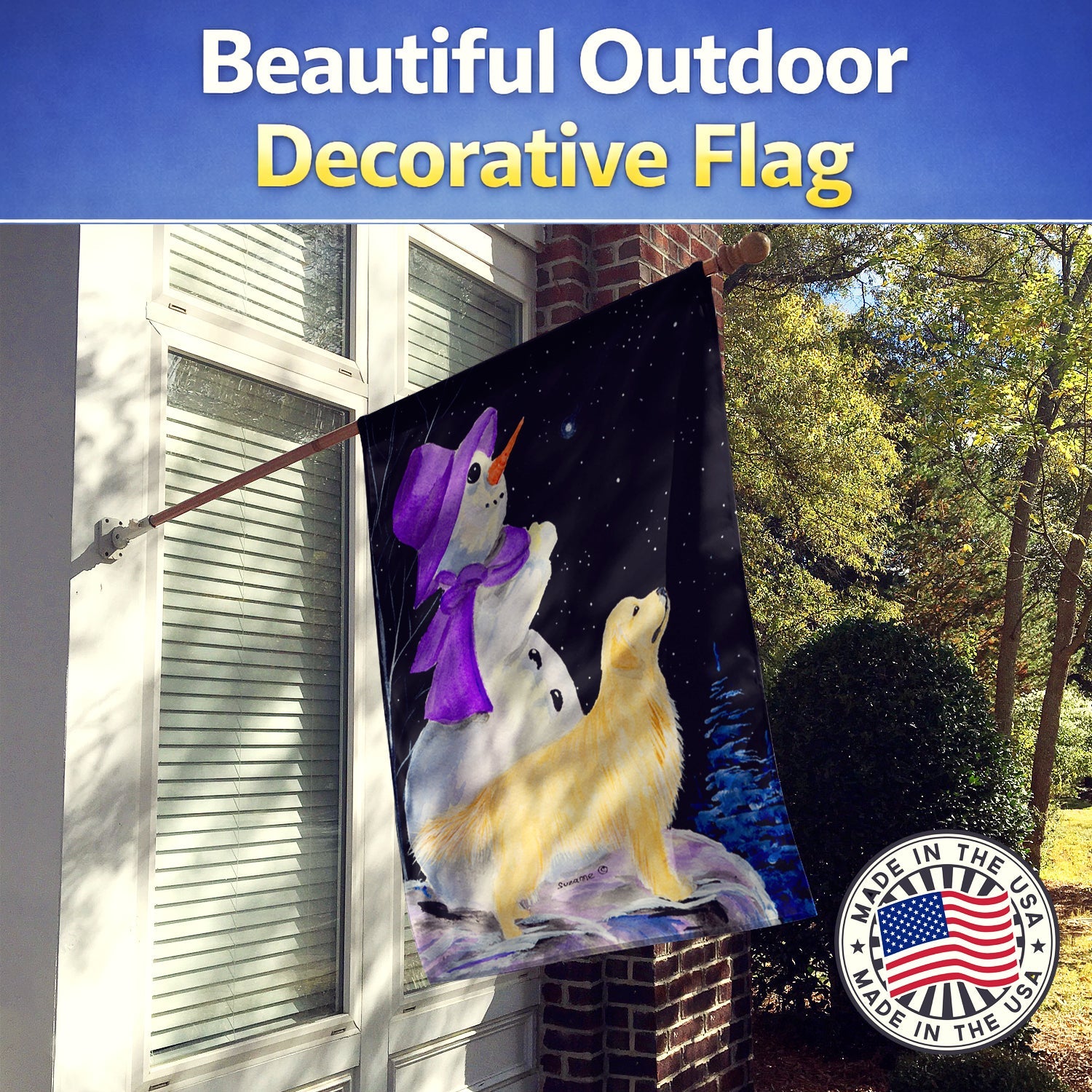 Snowman with Golden Retriever House Flag 28x40 Porch Sleeve Pole Decorative Outside Yard Banner Artwork Wall Hanging, Polyester