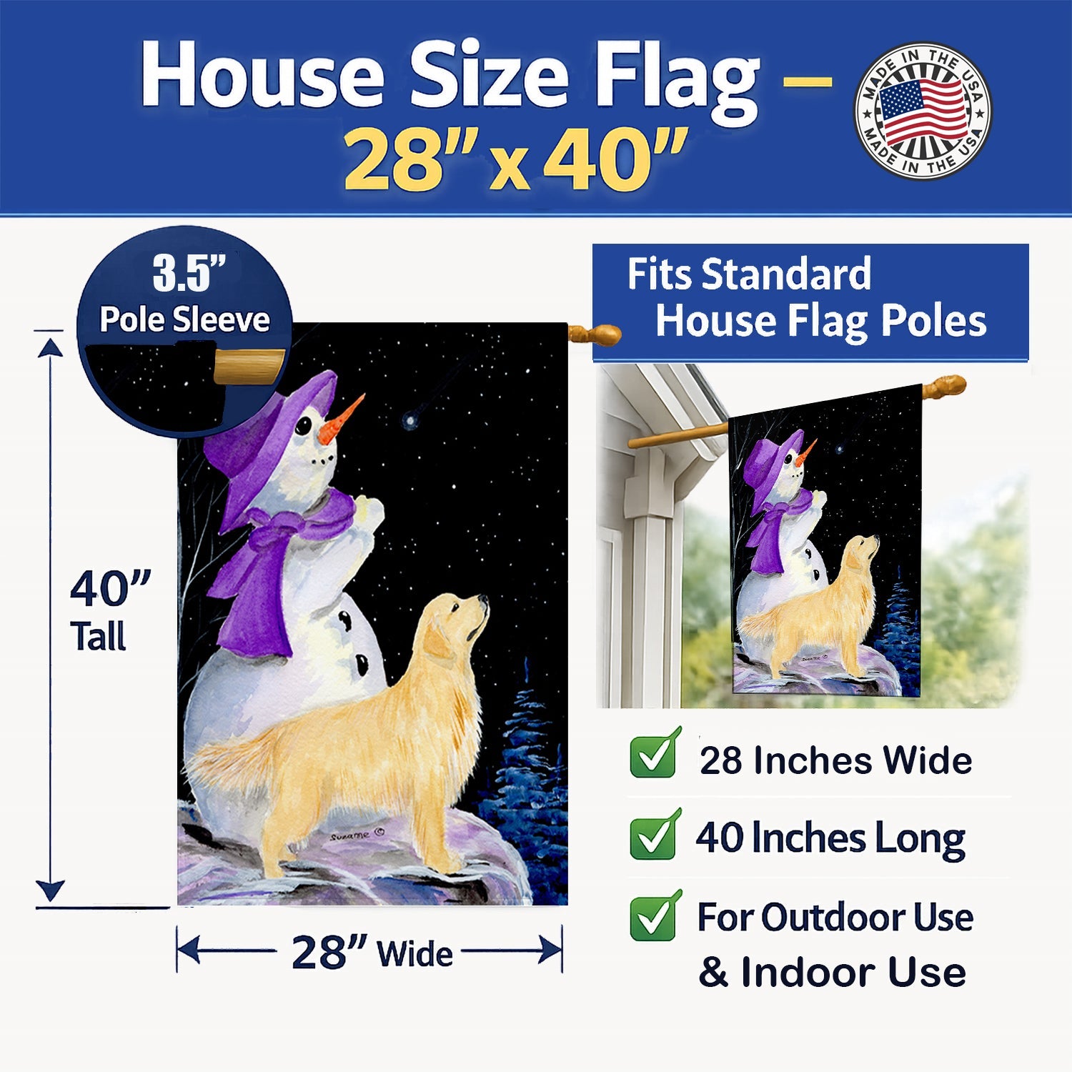 Snowman with Golden Retriever House Flag 28x40 Porch Sleeve Pole Decorative Outside Yard Banner Artwork Wall Hanging, Polyester