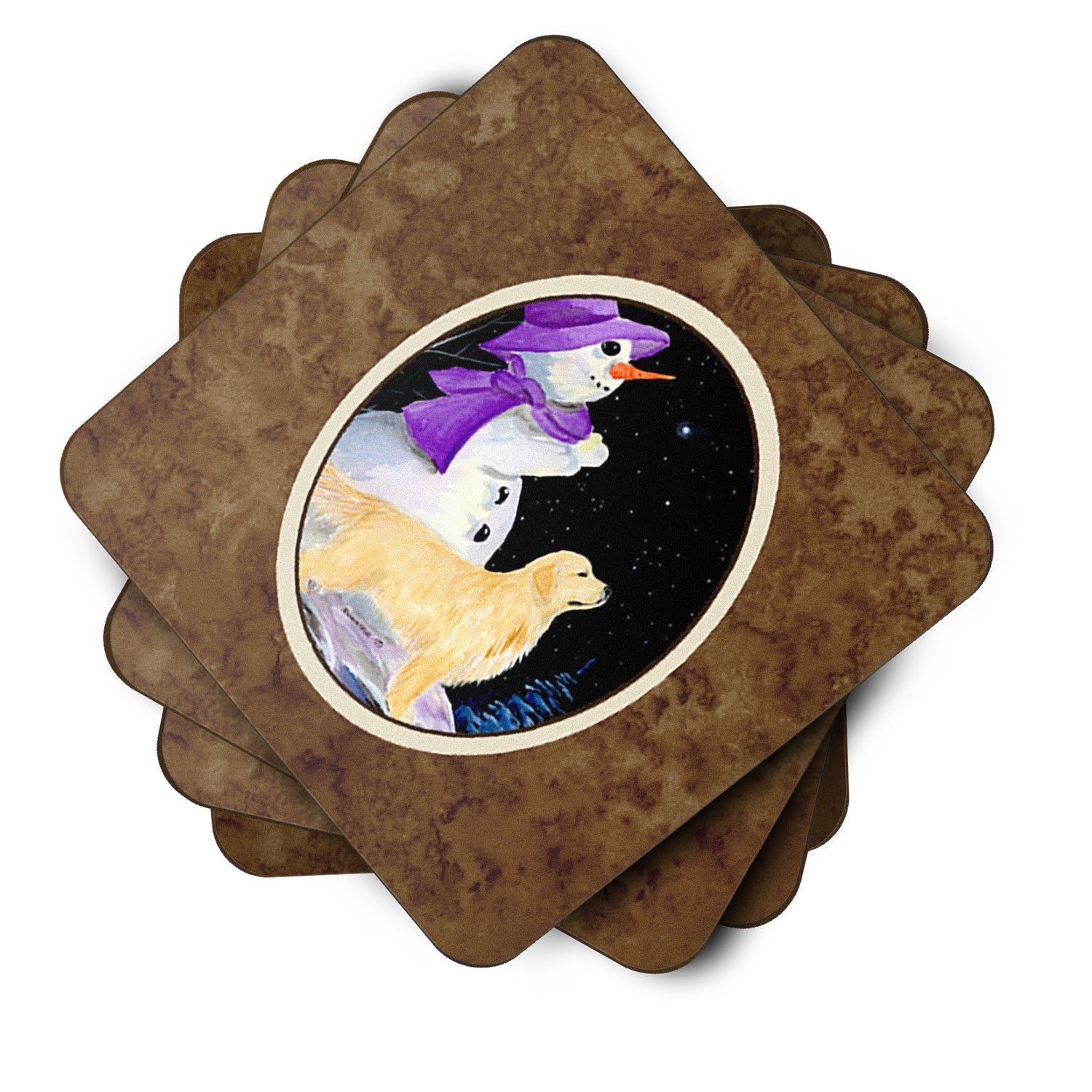 Snowman with Golden Retriever Foam Coasters Set of 4 Cup Coasters for Indoor Outdoor, Tabletop Protection, Anti Slip, Mouse pad Material