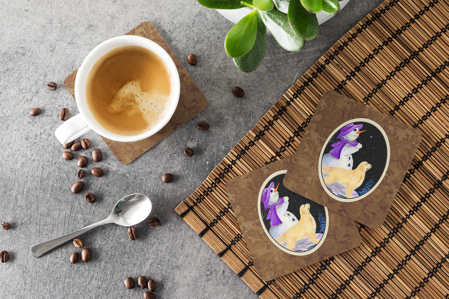 Snowman with Golden Retriever Foam Coasters Set of 4 Cup Coasters for Indoor Outdoor, Tabletop Protection, Anti Slip, Mouse pad Material