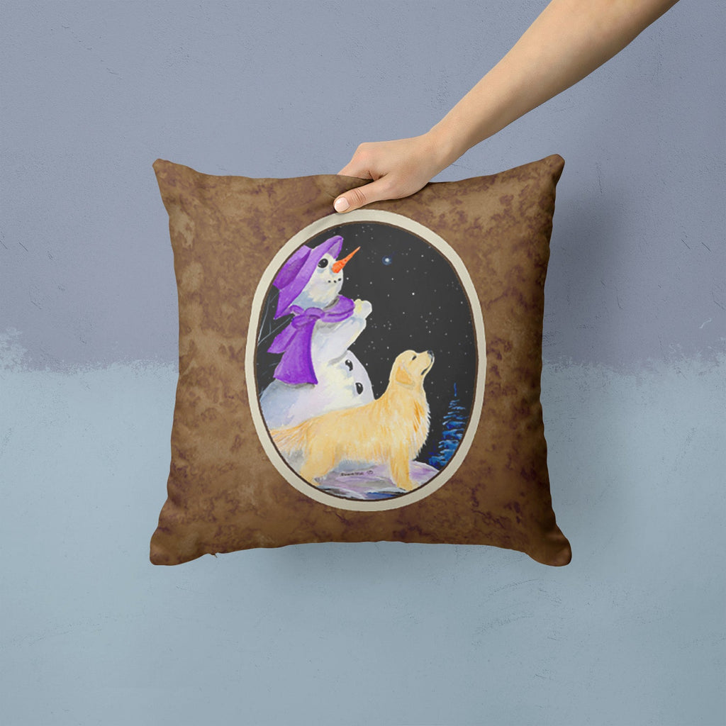 Snowman with Golden Retriever Decorative Throw Pillow 14x14 Indoor Outdoor Accent Cushion, Fabric Cover with Insert for Sofa, Bed, Porch & Living Room