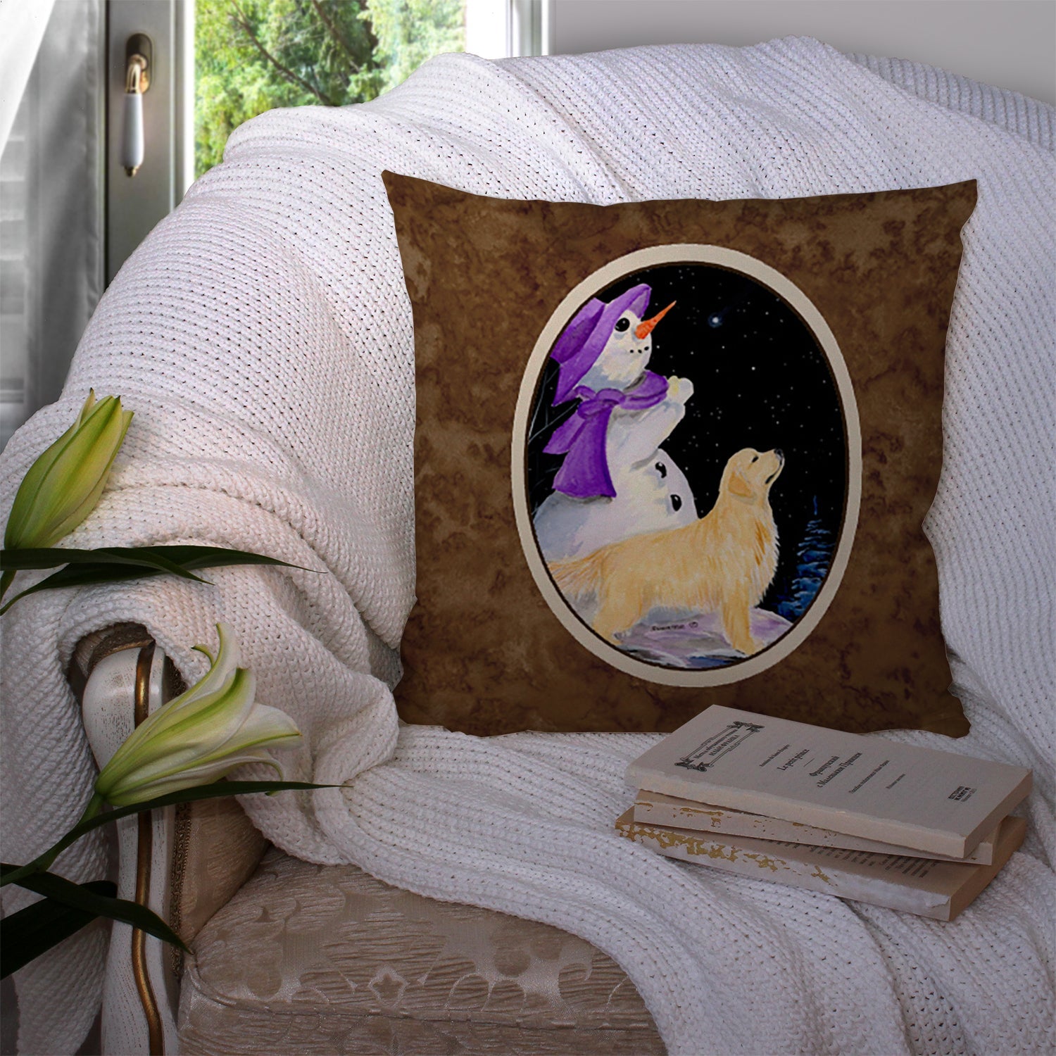 Snowman with Golden Retriever Decorative Throw Pillow 14x14 Indoor Outdoor Accent Cushion, Fabric Cover with Insert for Sofa, Bed, Porch & Living Room