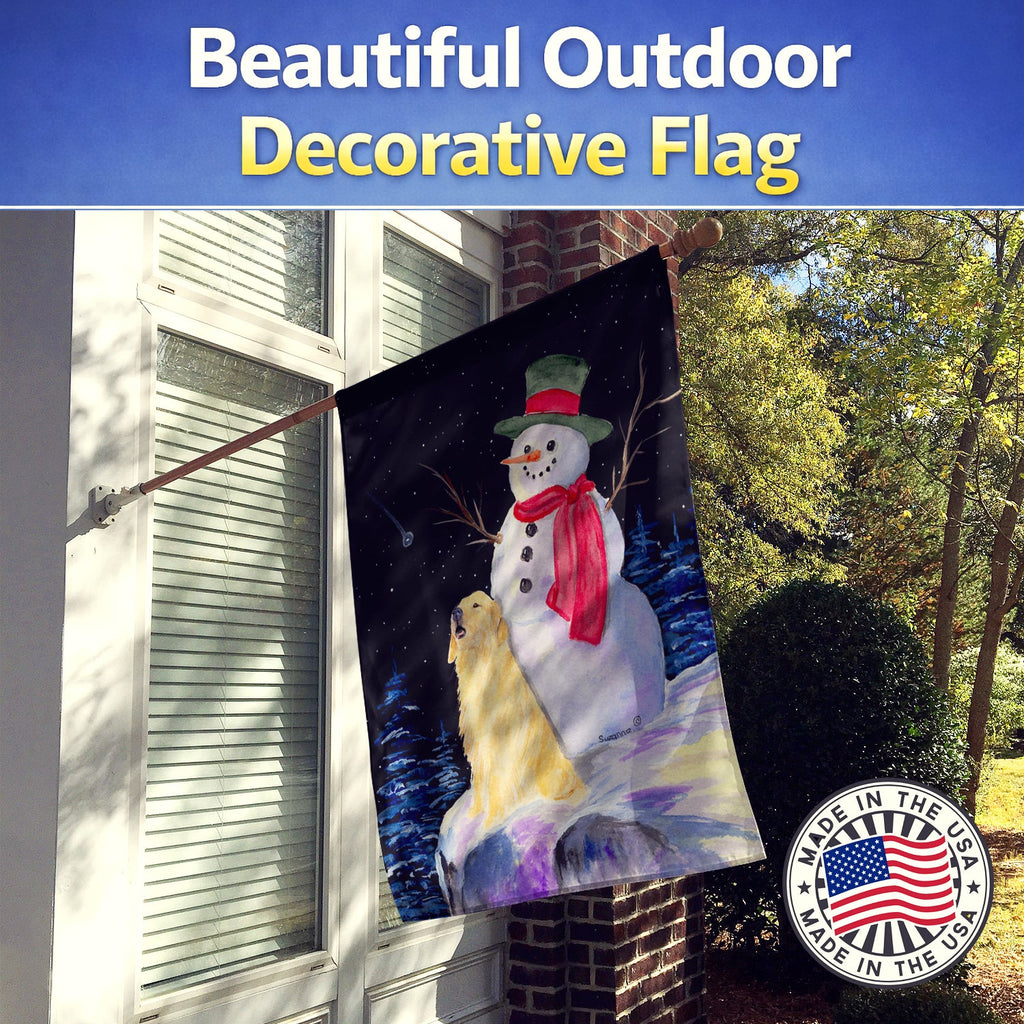 Snowman with Golden Retriever House Flag 28x40 Porch Sleeve Pole Decorative Outside Yard Banner Artwork Wall Hanging, Polyester