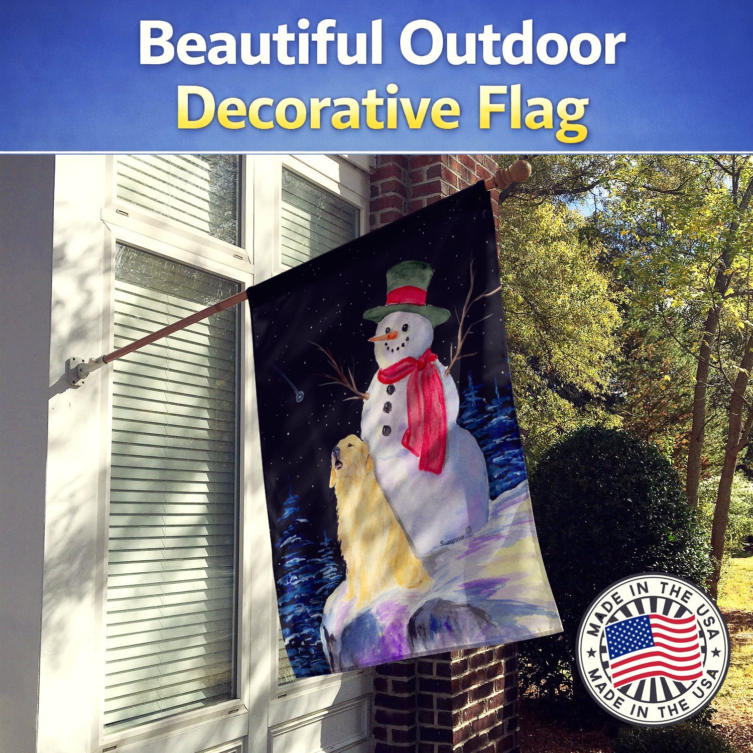 Snowman with Golden Retriever House Flag 28x40 Porch Sleeve Pole Decorative Outside Yard Banner Artwork Wall Hanging, Polyester