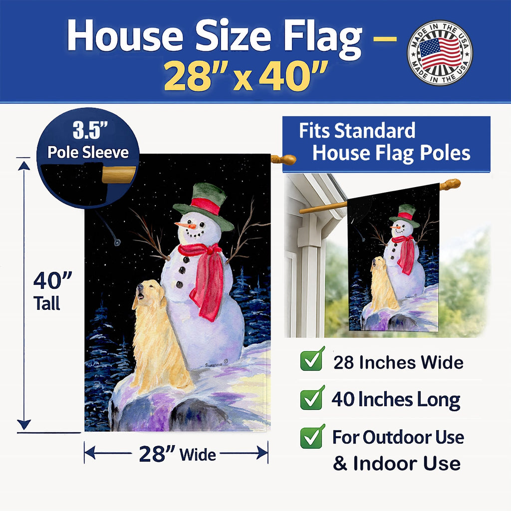 Snowman with Golden Retriever House Flag 28x40 Porch Sleeve Pole Decorative Outside Yard Banner Artwork Wall Hanging, Polyester