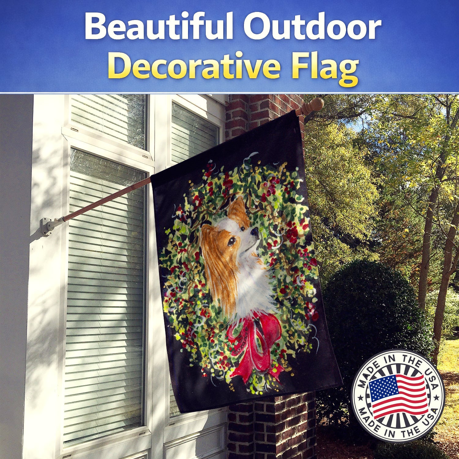 Christmas Wreath Papillon House Flag 28x40 Porch Sleeve Pole Decorative Outside Yard Banner Artwork Wall Hanging, Polyester