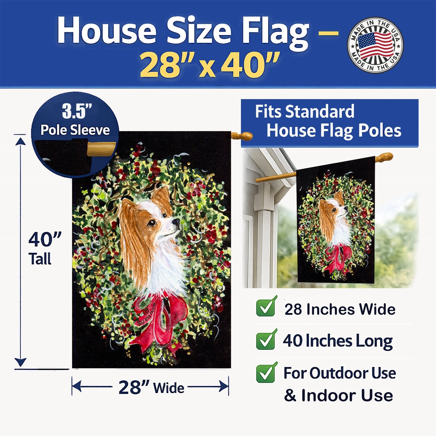 Christmas Wreath Papillon House Flag 28x40 Porch Sleeve Pole Decorative Outside Yard Banner Artwork Wall Hanging, Polyester