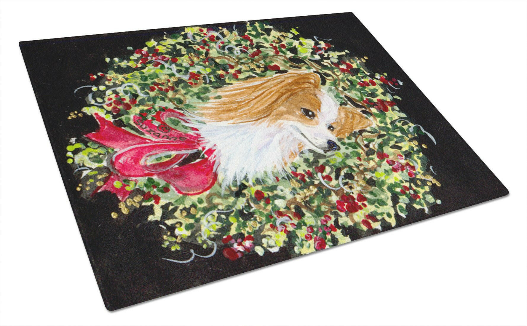 Christmas Wreath Papillon Cutting Board Tempered Glass Kitchen Cutting Surface, Heat Resistant Chopping, Non-Slip Feet, Food Prep & Serving