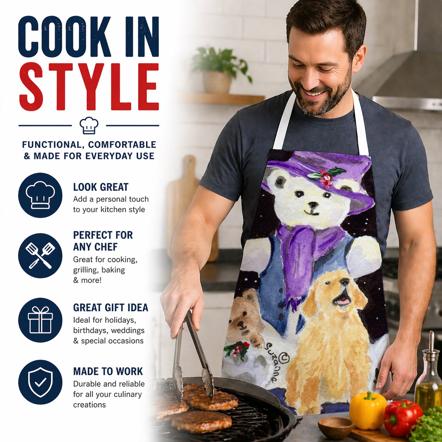 Golden Retriever Apron Cooking Kitchen Server Baking Crafts Gardening for Adult Women Men, Unisex, Large, Multicolor