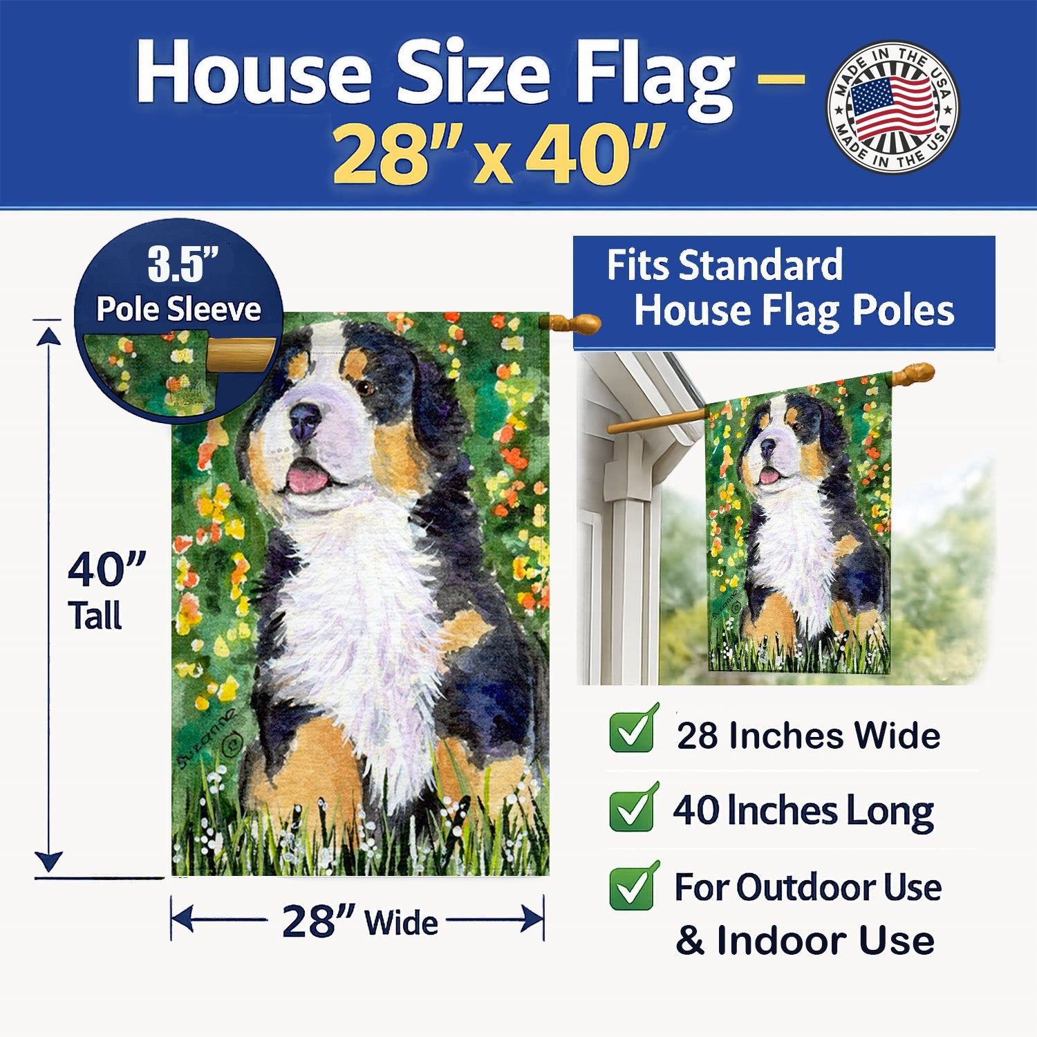Bernese Mountain Dog House Flag 28x40 Porch Sleeve Pole Decorative Outside Yard Banner Artwork Wall Hanging, Polyester