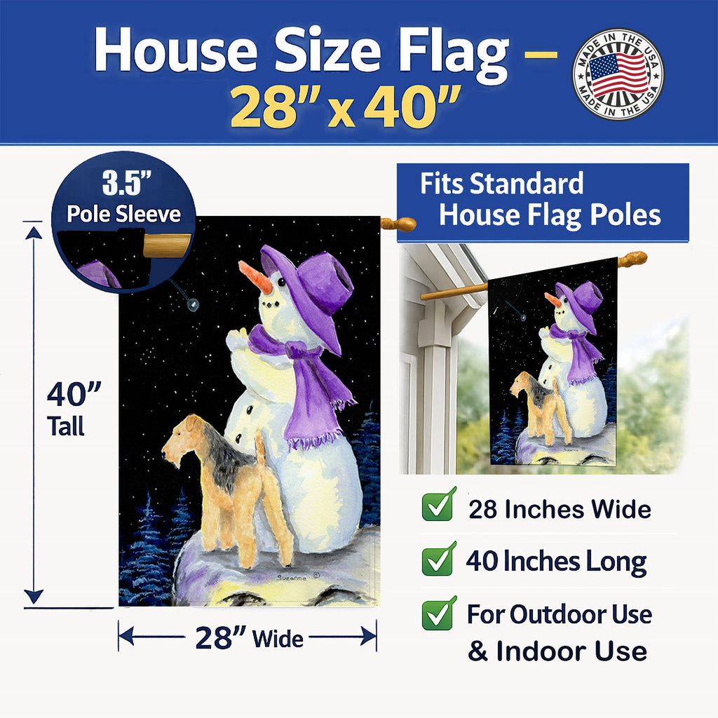 Snowman with Lakeland Terrier House Flag 28x40 Porch Sleeve Pole Decorative Outside Yard Banner Artwork Wall Hanging, Polyester