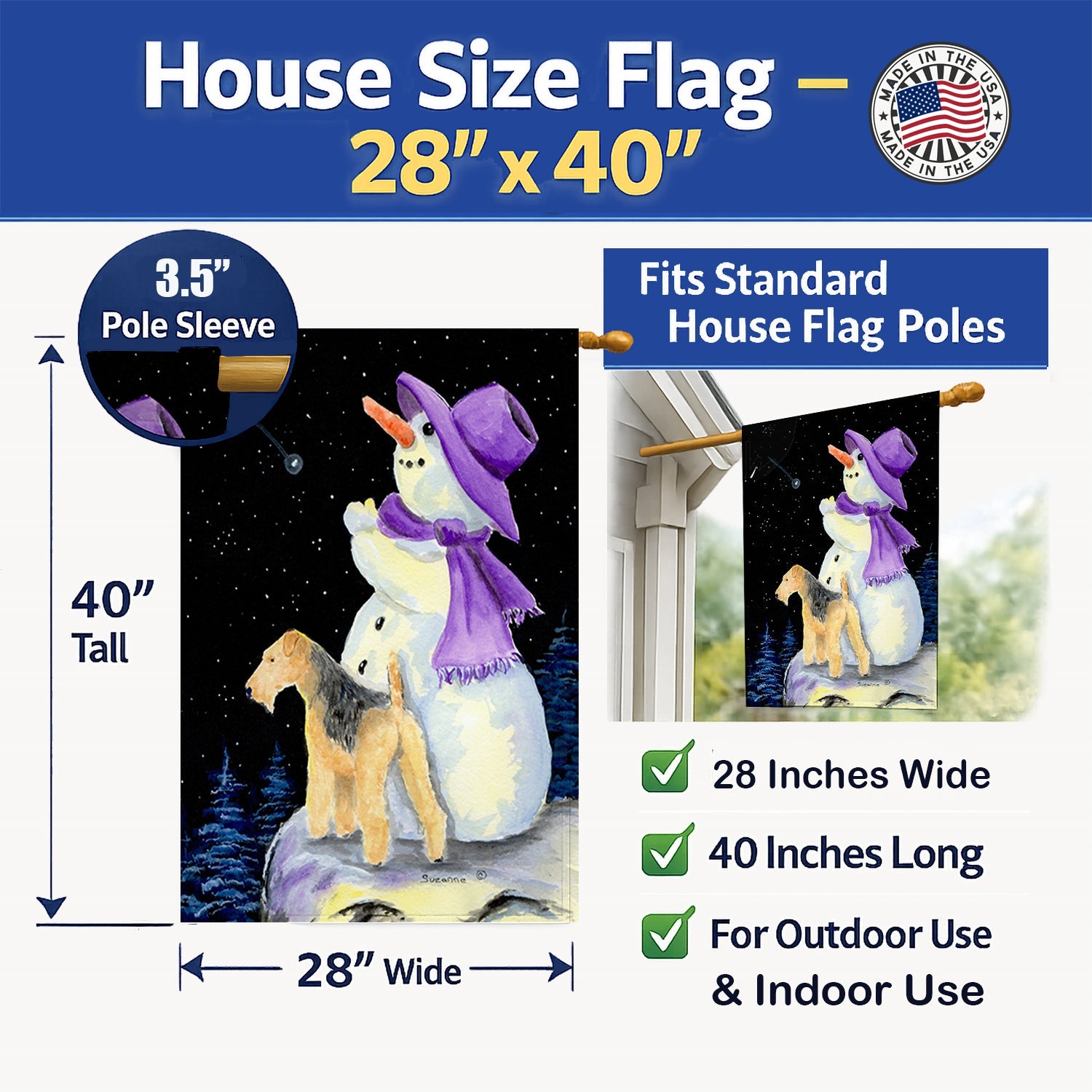 Snowman with Lakeland Terrier House Flag 28x40 Porch Sleeve Pole Decorative Outside Yard Banner Artwork Wall Hanging, Polyester