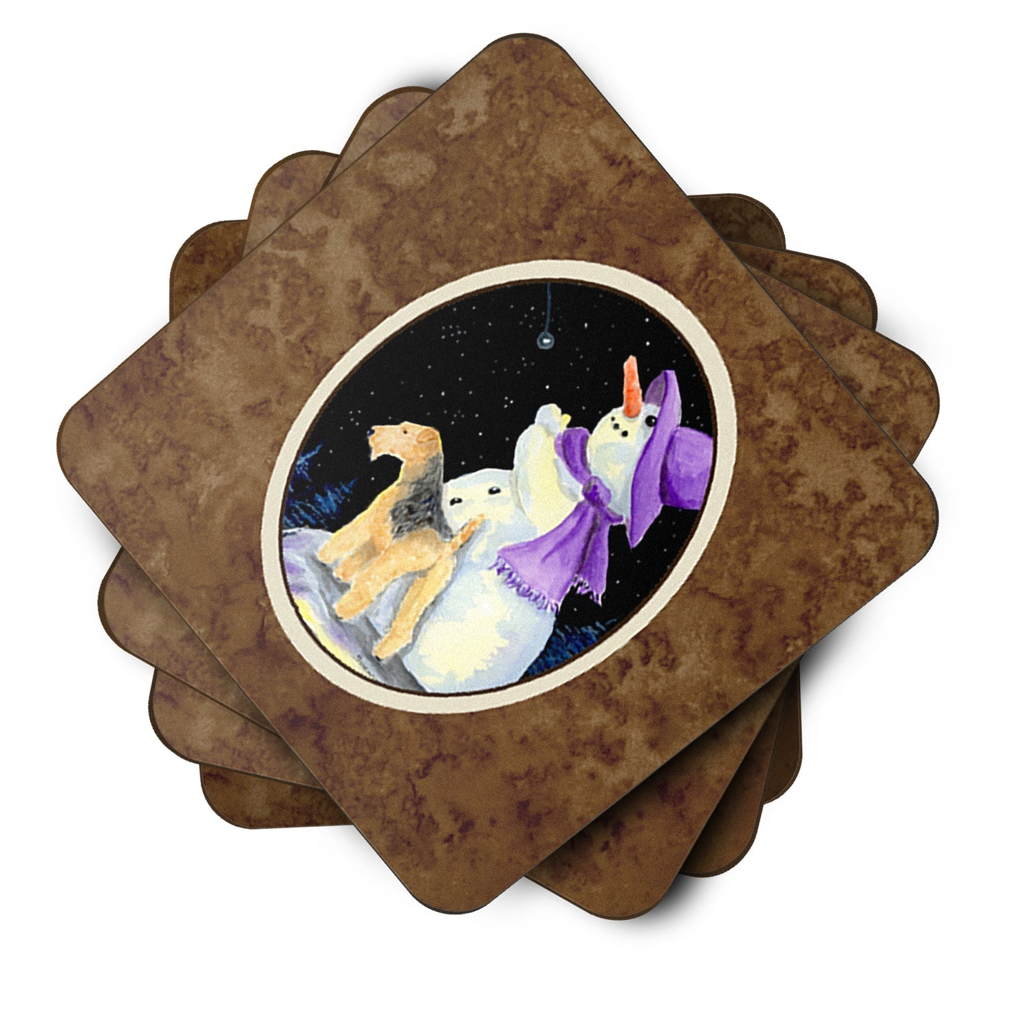 Snowman with Lakeland Terrier Foam Coasters Set of 4 Cup Coasters for Indoor Outdoor, Tabletop Protection, Anti Slip, Mouse pad Material