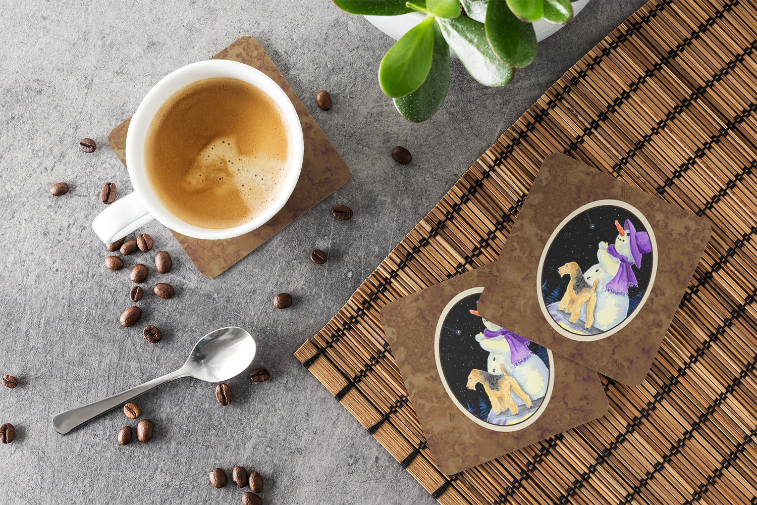 Snowman with Lakeland Terrier Foam Coasters Set of 4 Cup Coasters for Indoor Outdoor, Tabletop Protection, Anti Slip, Mouse pad Material