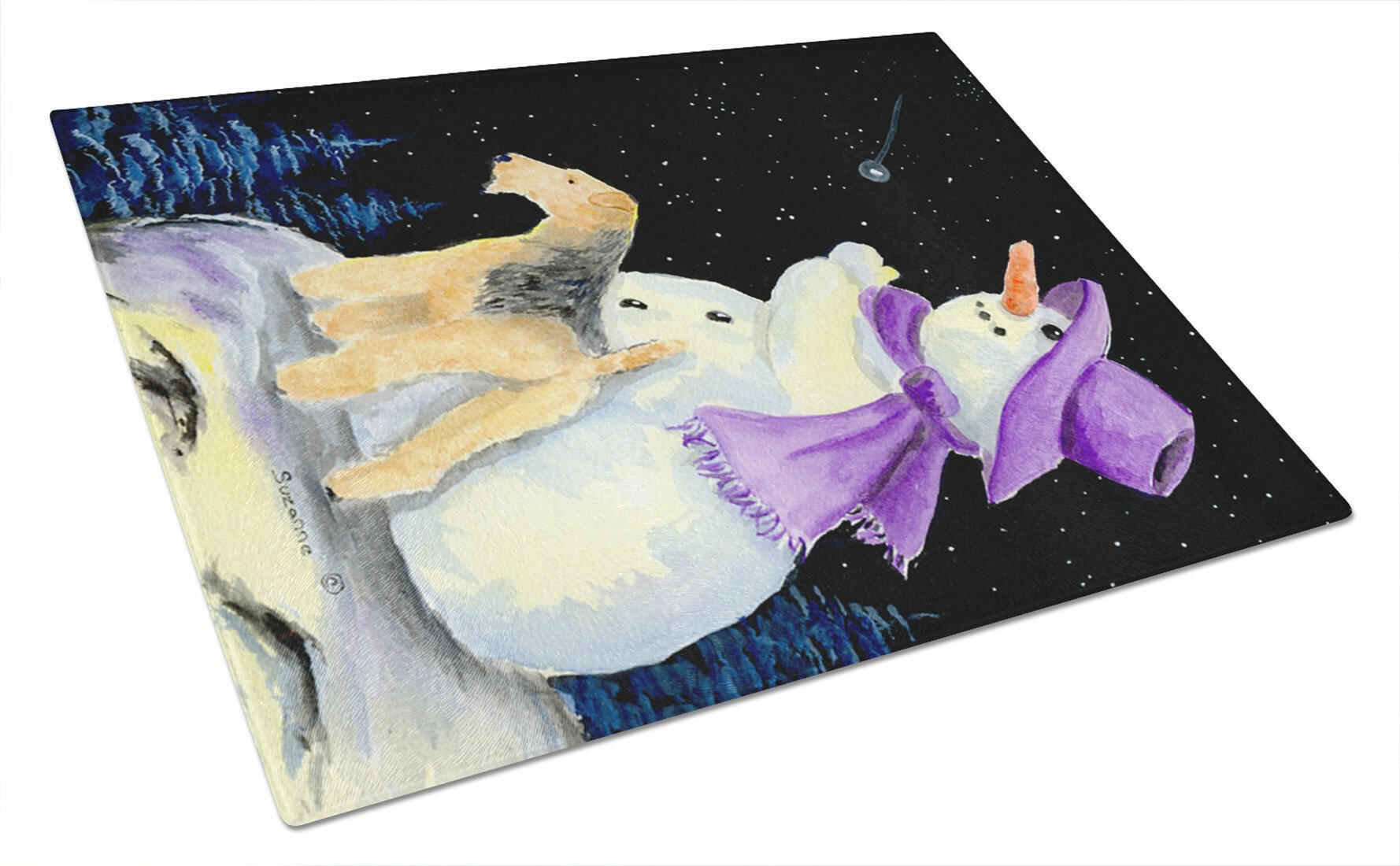 Snowman with Lakeland Terrier Cutting Board Tempered Glass Kitchen Cutting Surface, Heat Resistant Chopping, Non-Slip Feet, Food Prep & Serving