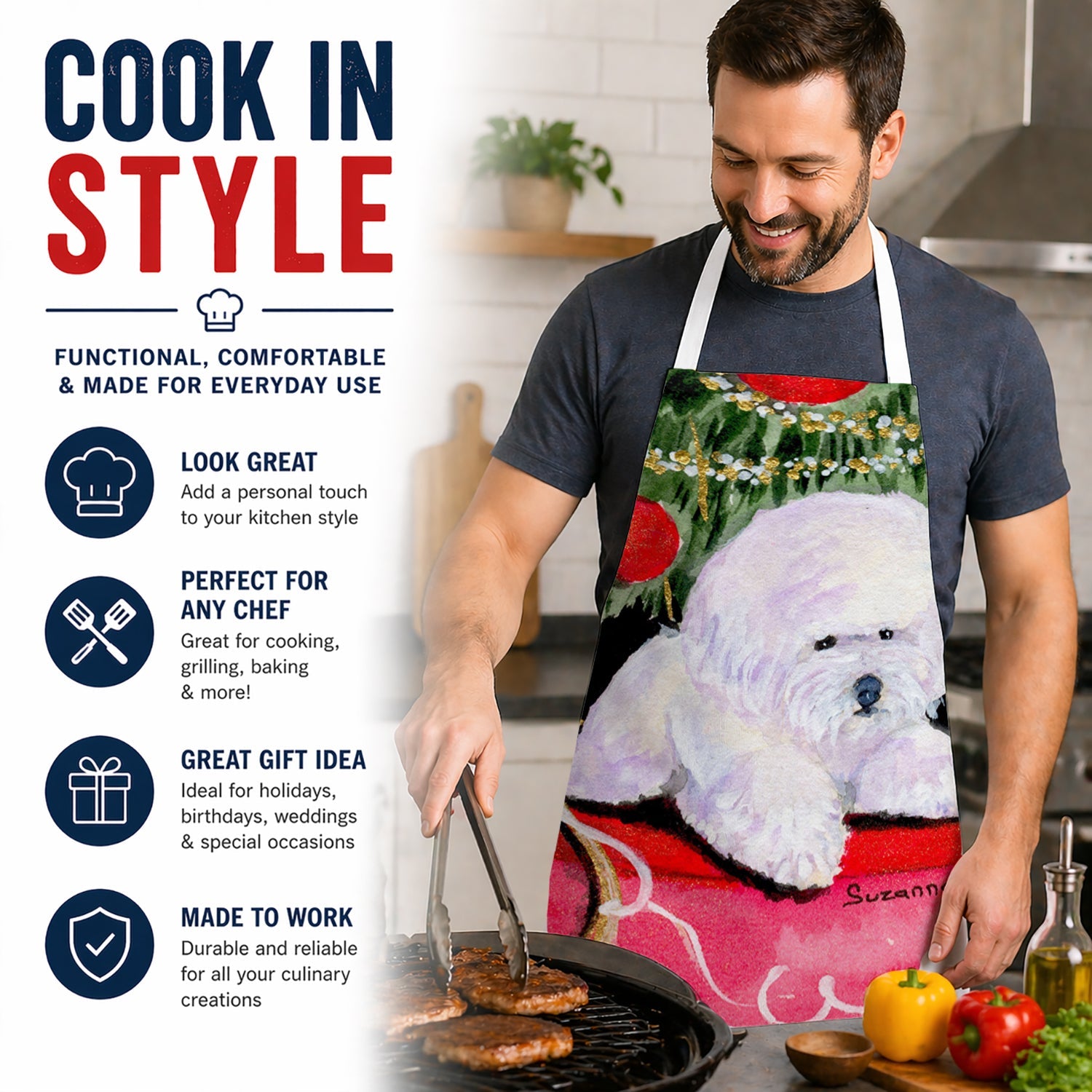 Christmas Tree with  Bichon Frise Apron Cooking Kitchen Server Baking Crafts Gardening for Adult Women Men, Unisex, Large, Multicolor